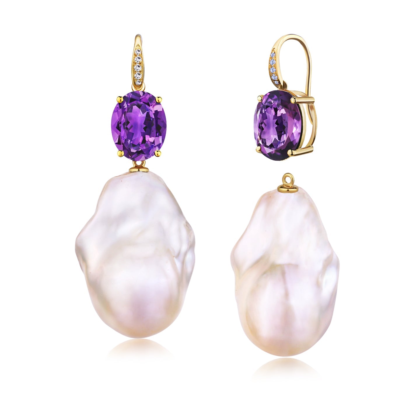 Radiant Oval Amethyst Diamond Baroque Pearl Convertible Drop Earrings