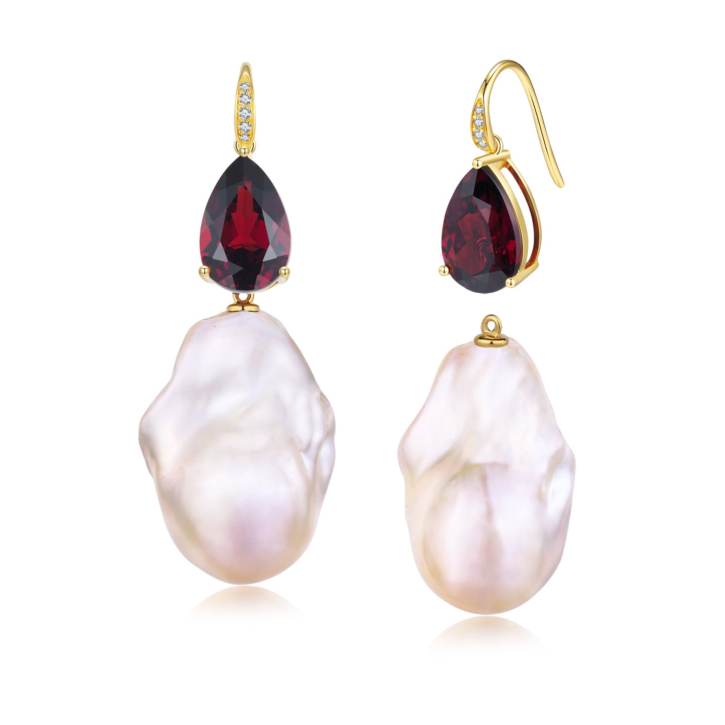 Radiant Pear Garnet Diamond Baroque Pearl Convertible Drop Earrings