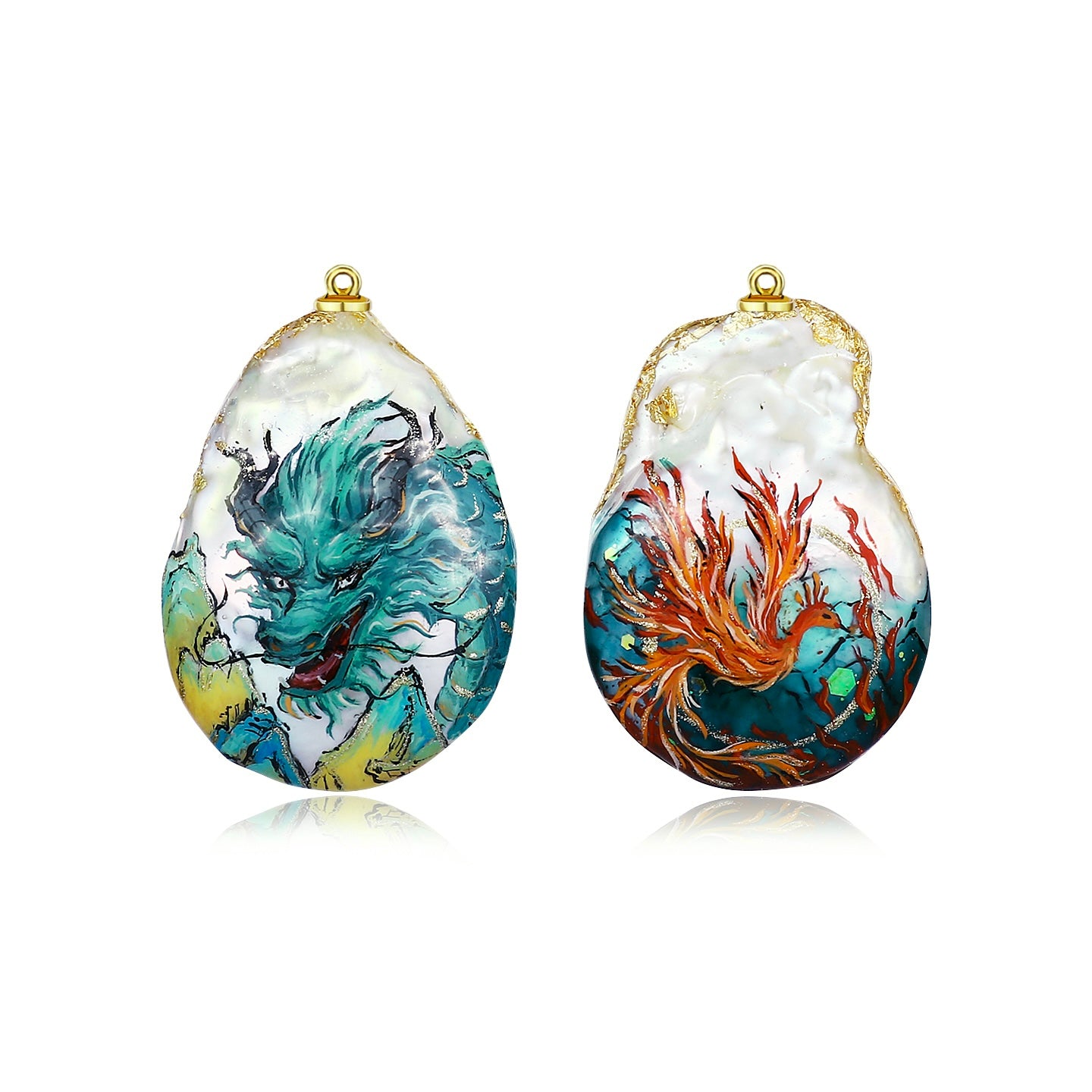 Hand-Painted Dragon and Phoenix Baroque Pearl Enhancers