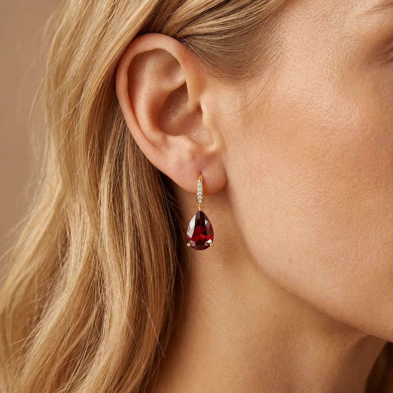 14k gold Radiant Natural Pear Garnet Diamond Drop Earrings