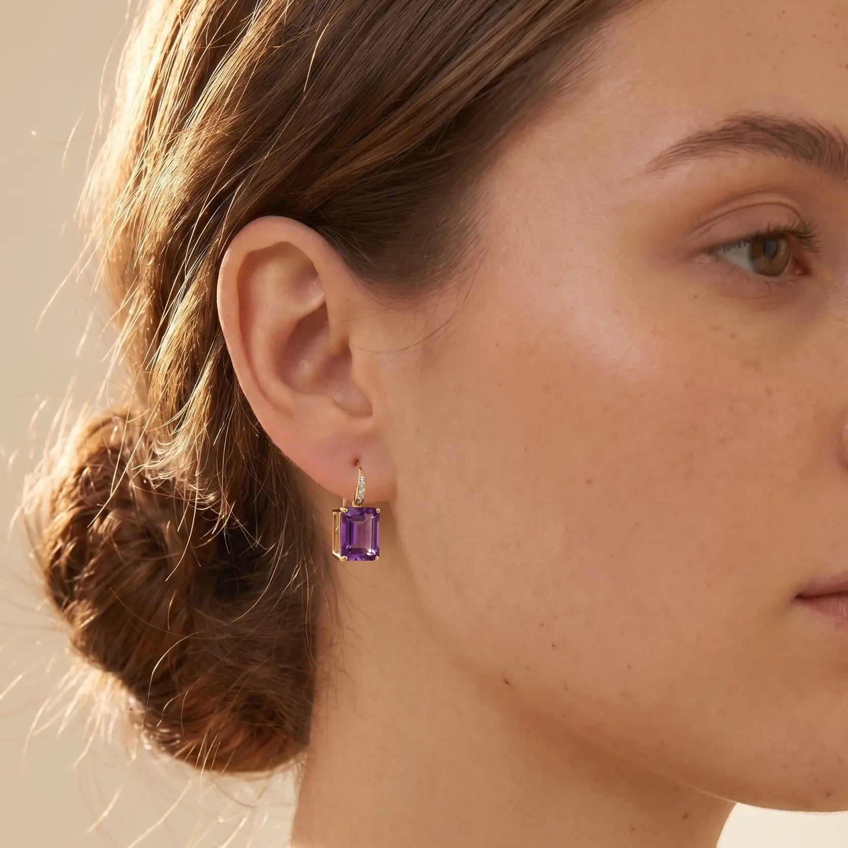 14k gold Radiant Natural Emerald-Cut Amethyst Diamond Drop Earrings