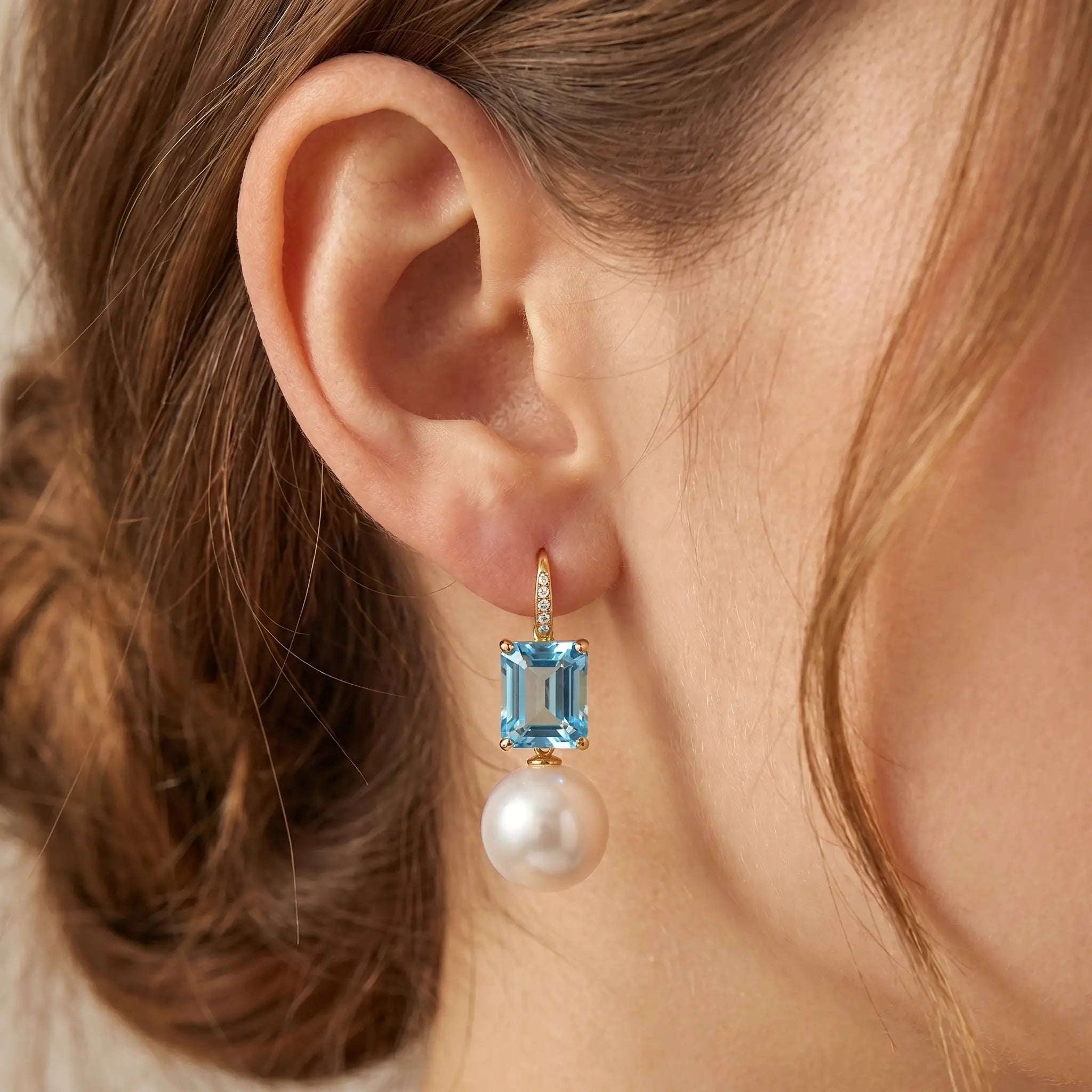 14k Gold Radiant Emerald-Cut Natural Topaz Diamond & Cultured Round Pearl Convertible Drop Earrings