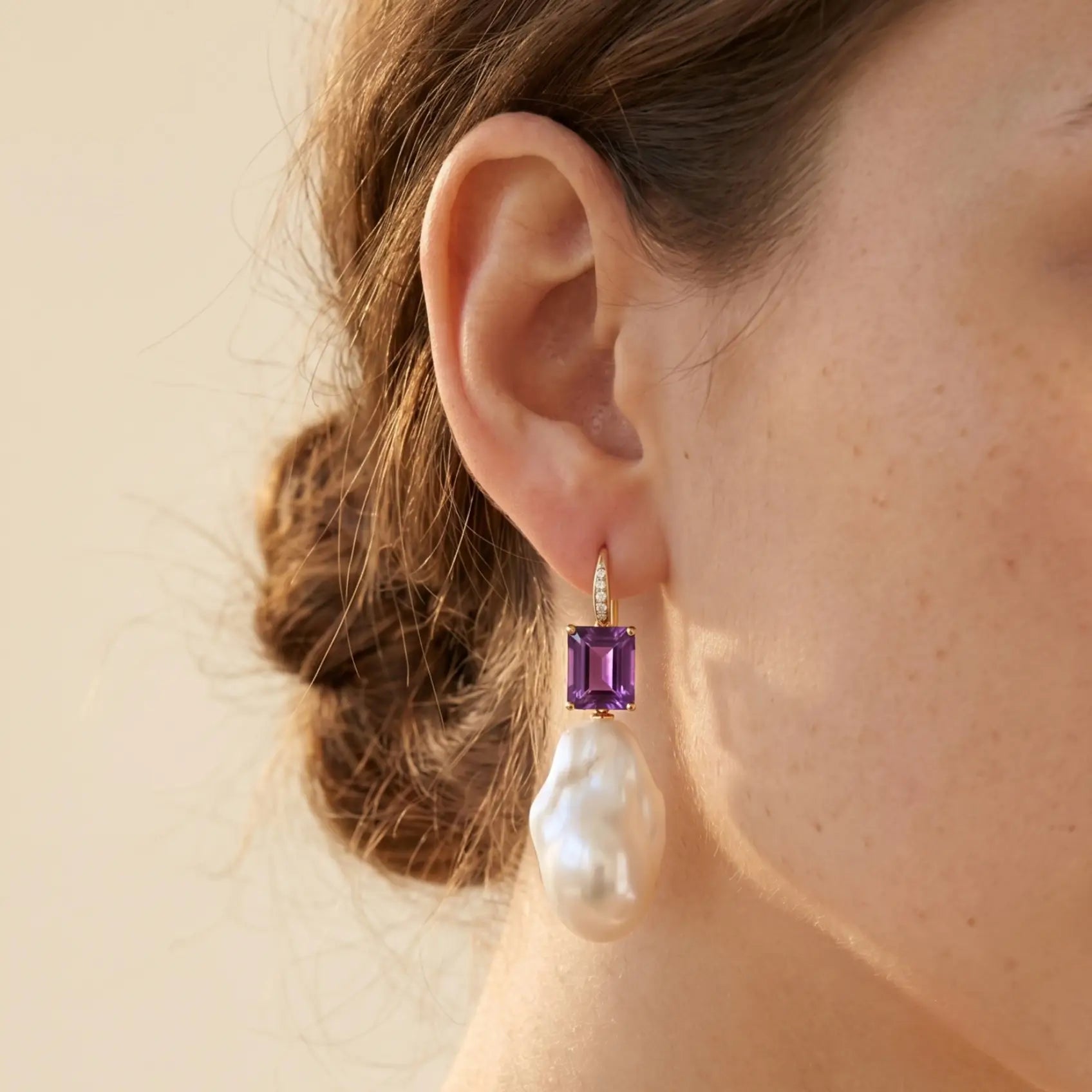 Radiant Emerald-Cut Amethyst Diamond Baroque Pearl Convertible Drop Earrings