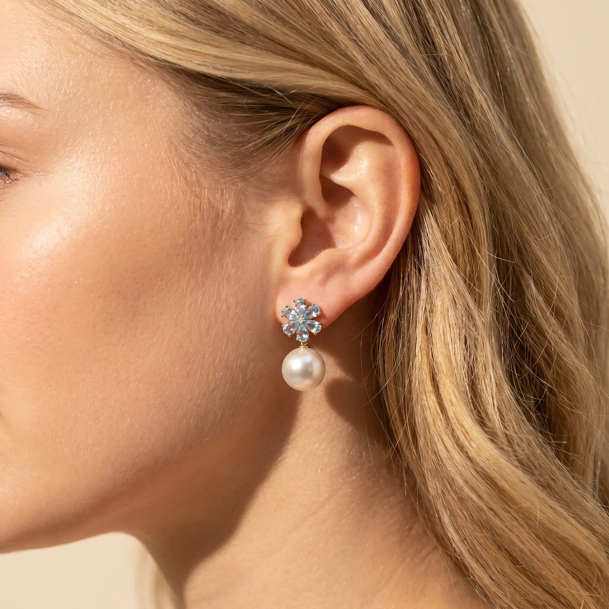 Flora Natural Sky Blue Aquamarine Diamond Pearl Convertible Drop Earrings in 14k gold