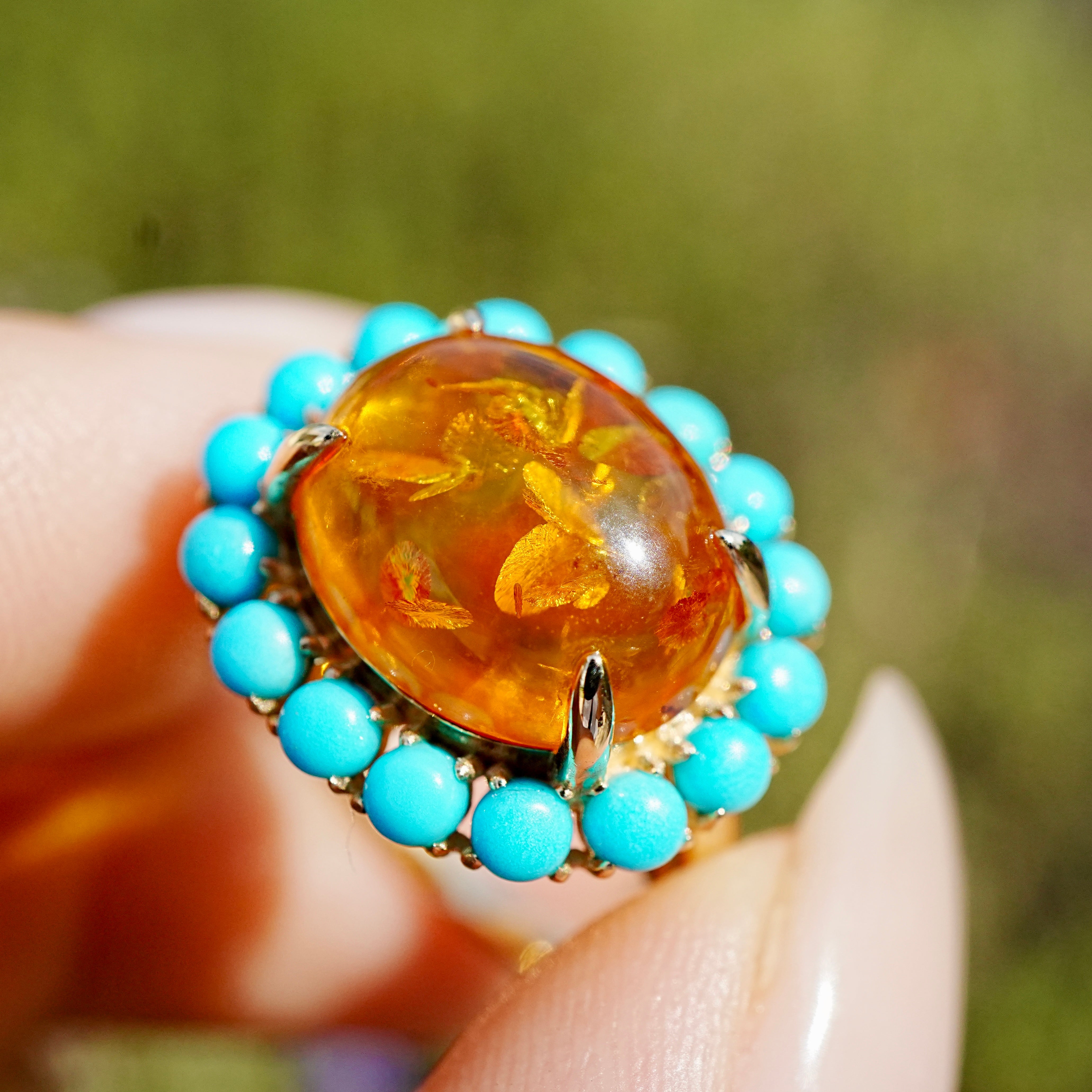 Eden Halo 3.10 ctw Natural Amber & Turquoise East-West Ring (One-of-a-Kind)