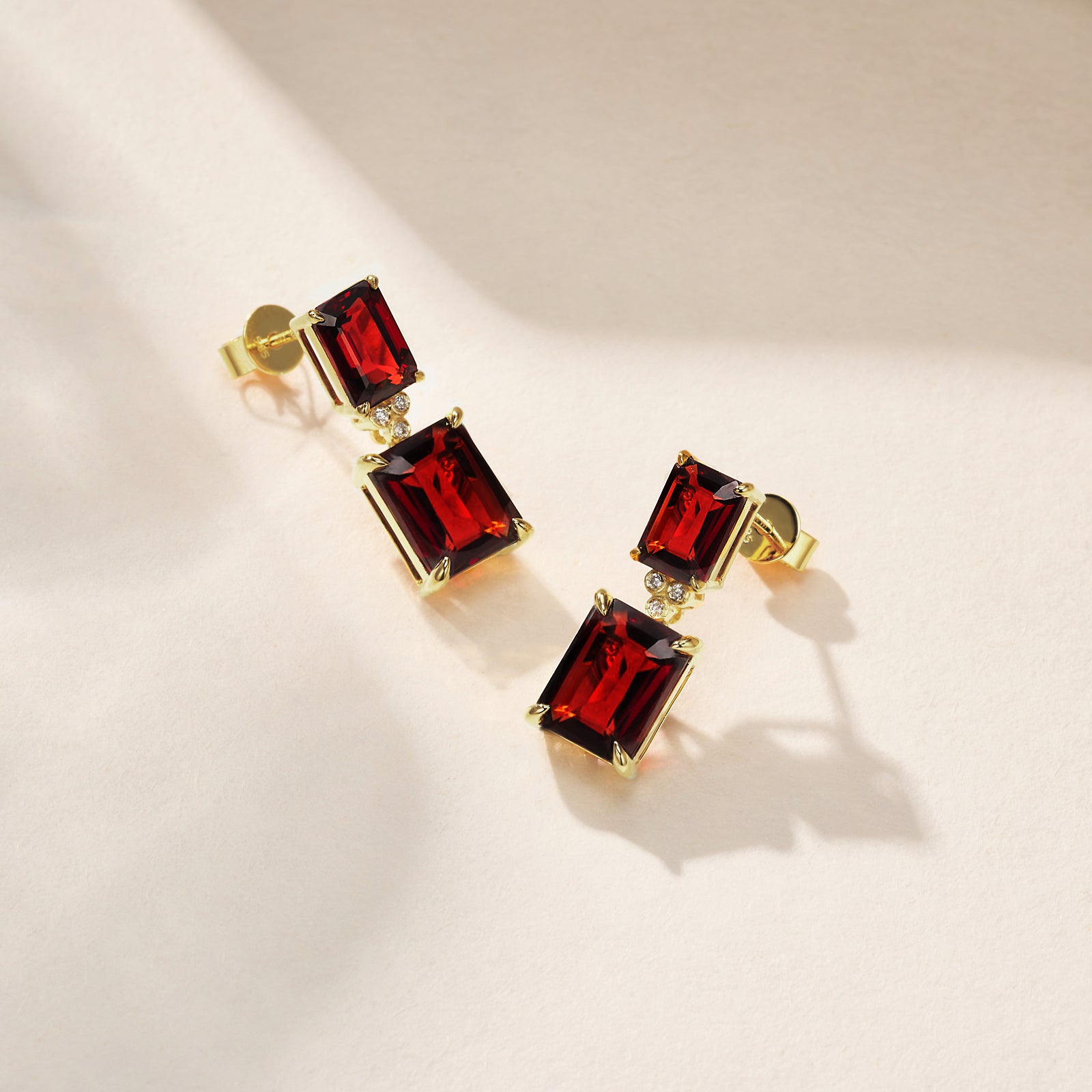 Divina Emerald-Cut Garnet Diamond Drop Earrings
