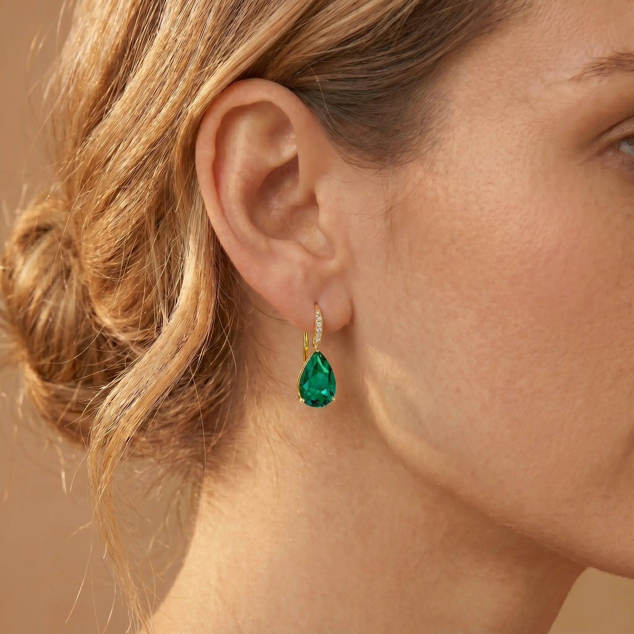kai fine jewelry Radiant Pear Lab-Grown Emerald Diamond Drop Earrings in 14k yellow gold