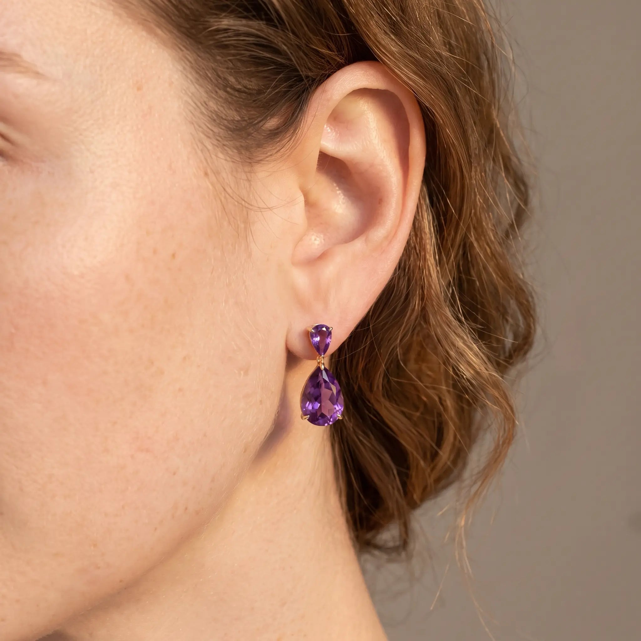 Duet Natural Pear 7.20ctw Amethyst Drop Earrings in 14k yellow gold