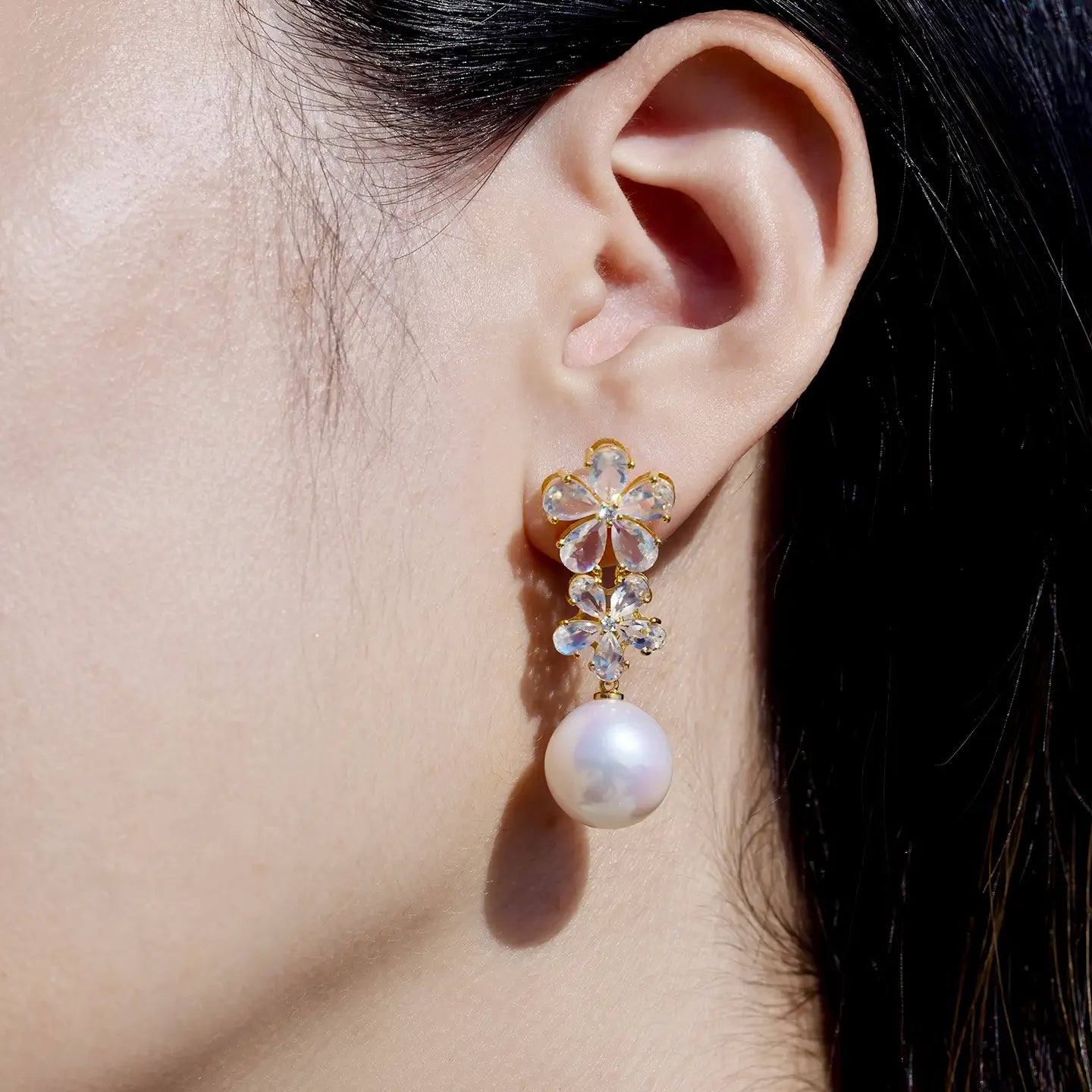 Nina Zhou x Kai 14k Gold Nautral Moonstone & Diamond Double Blossom Freshwater Pearl Convertible Drop Earrings