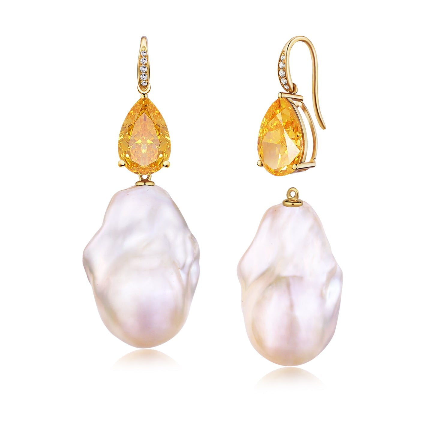 Radiant Pear Citrine Diamond Baroque Pearl Convertible Drop Earrings