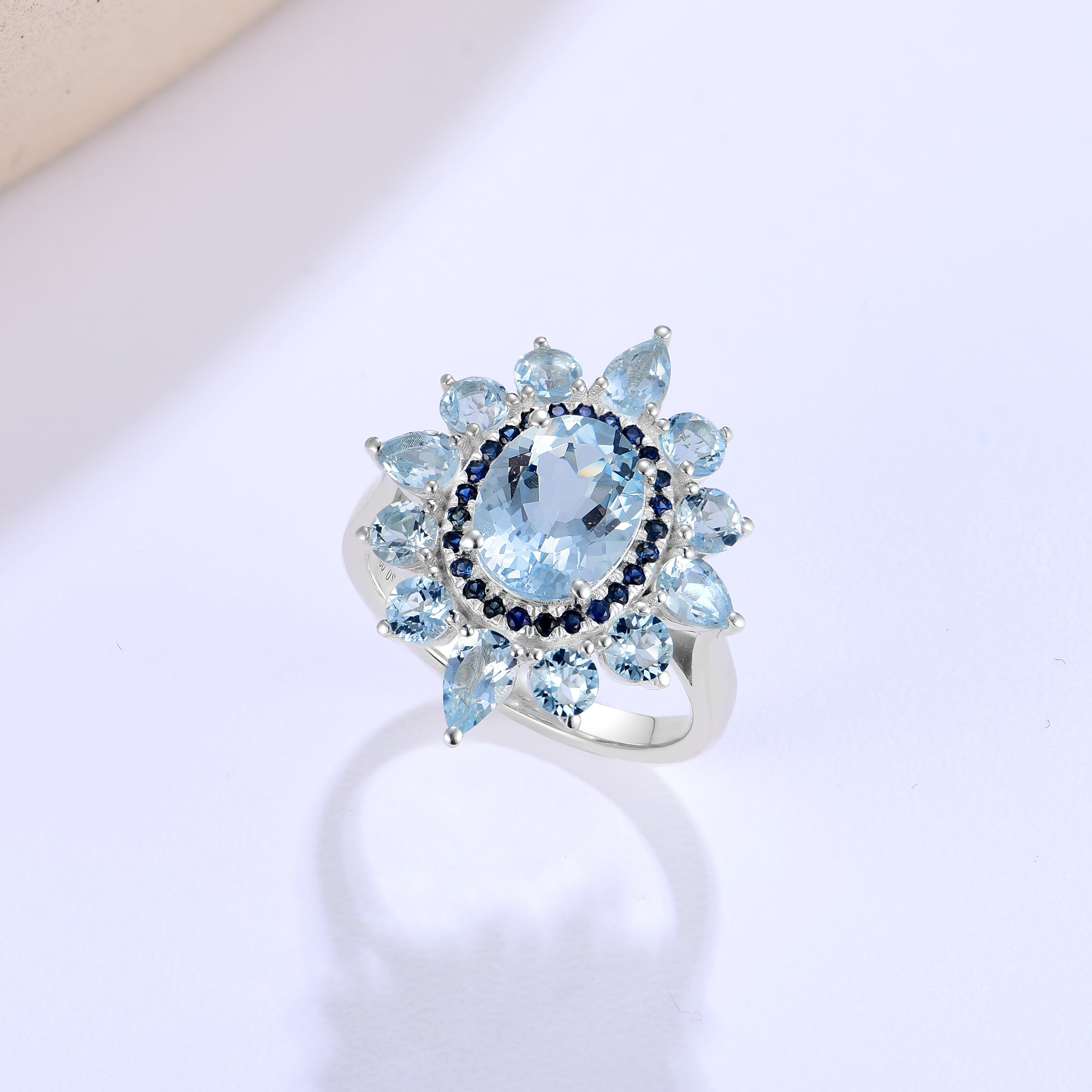 14k white gold or sterling silver natural sky blue aquamarine sapphire cocktail ring