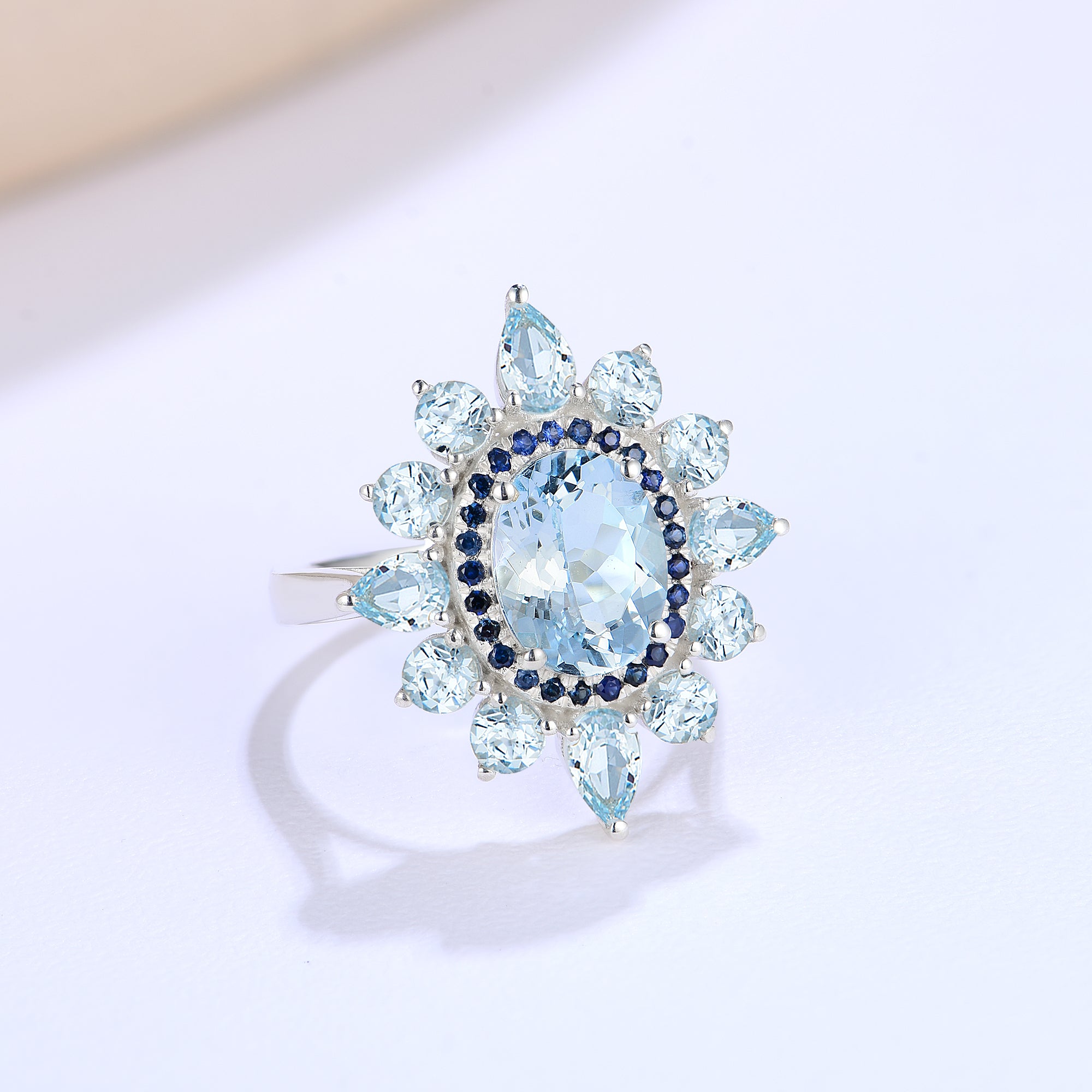 14k white gold or sterling silver natural sky blue aquamarine sapphire cocktail ring