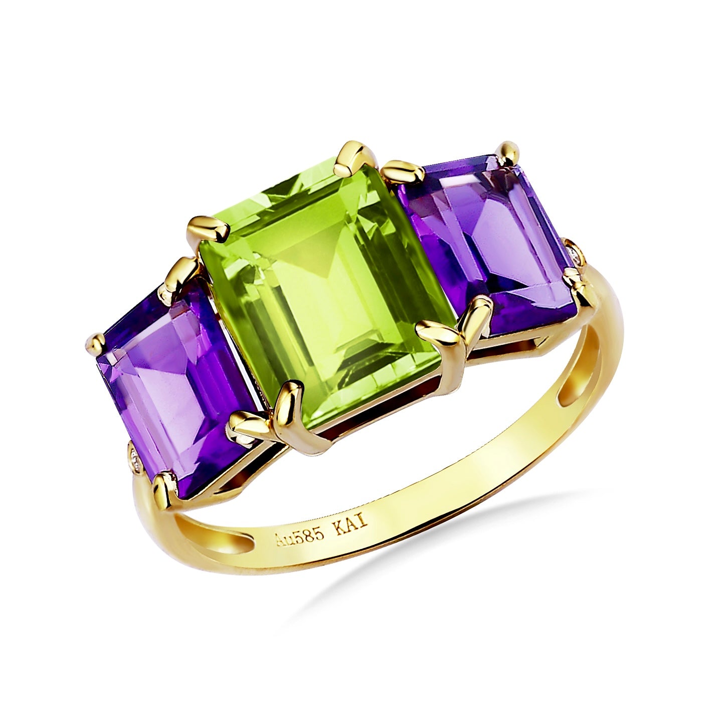 Fortune Peridot Amethyst Diamond Three-Stone Ring