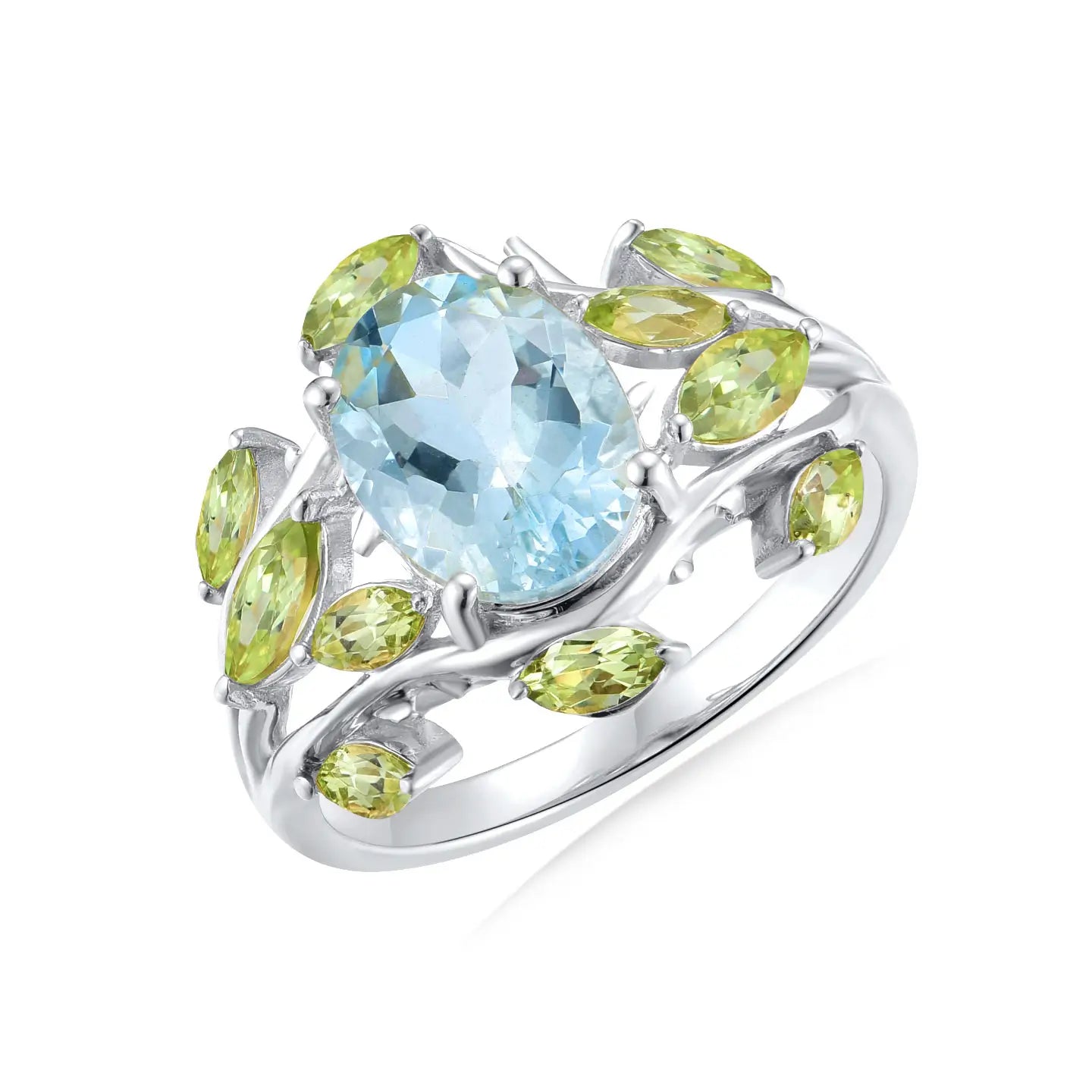 14k white gold sterling silver oval aquamarine peridot leaf cocktail ring