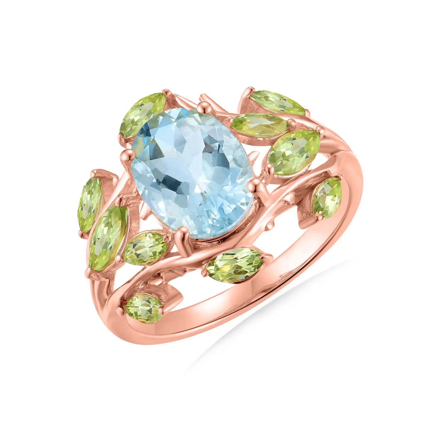 14k rose gold natural sky blue aquamarine and green peridot leaf cocktail ring
