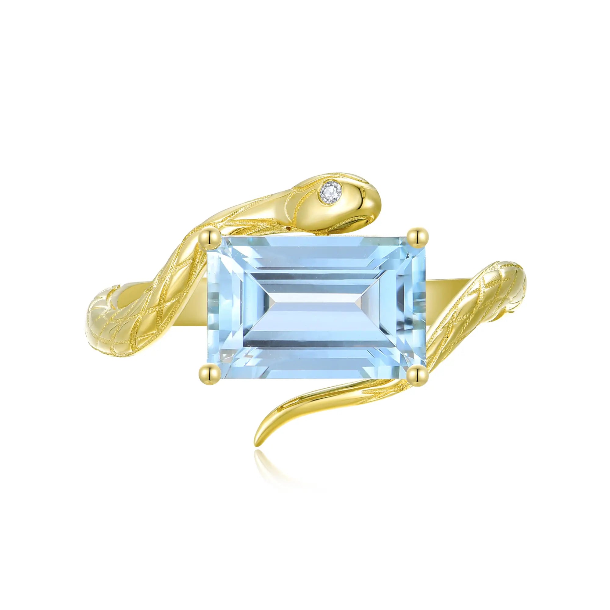 Snake Protection Emerald-Cut Aquamarine & Diamond East-West Ring