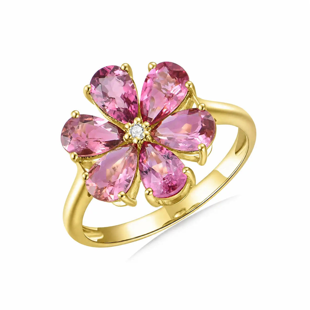 Flora Blossom Natural Pink Tourmaline Diamond Ring 14k yellow Gold