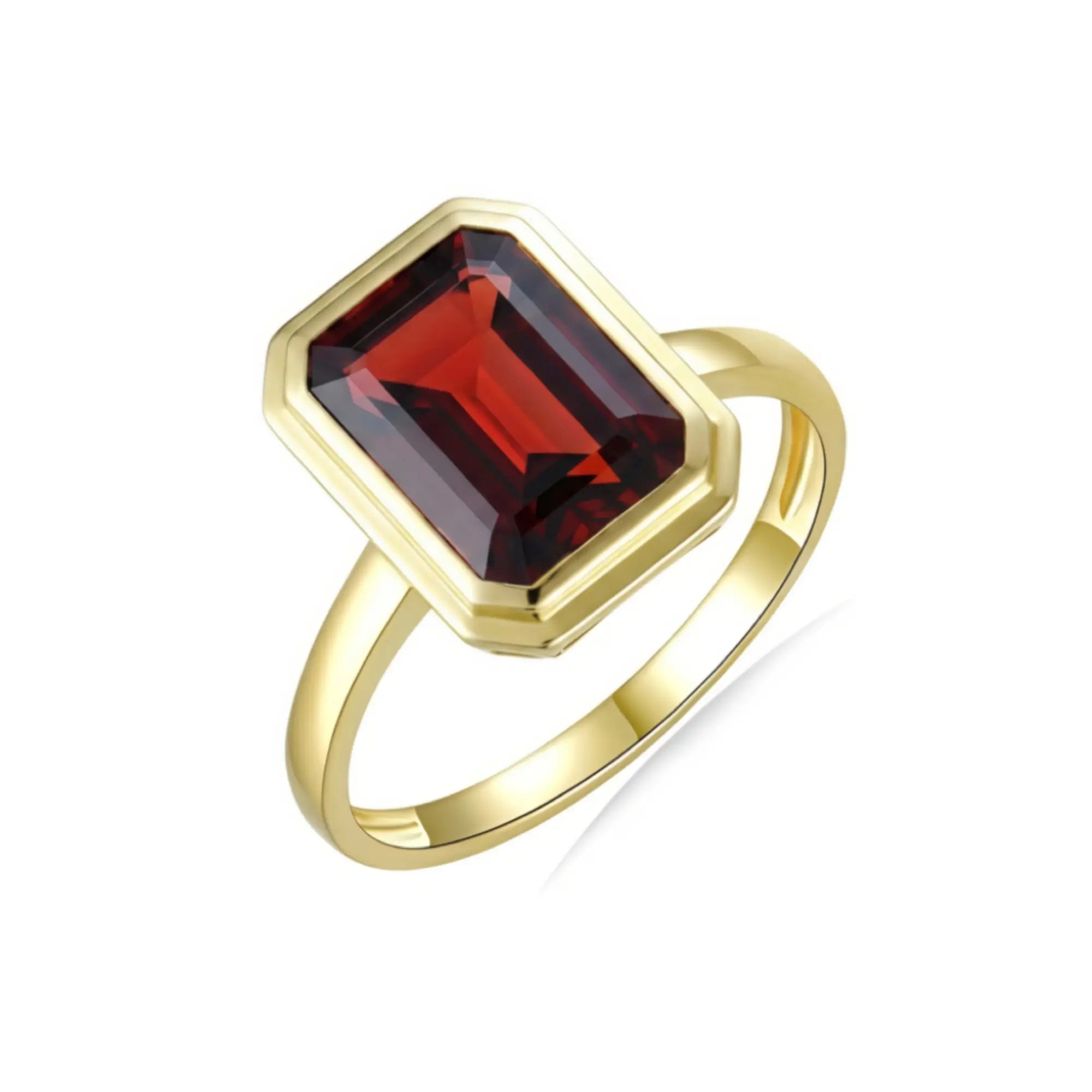 14K Solid Yellow Gold Emerald-Cut Natural Garnet Ring