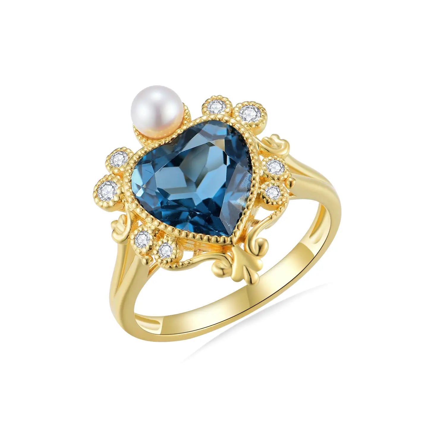14k yellow gold london blue topaz diamond pearl ring