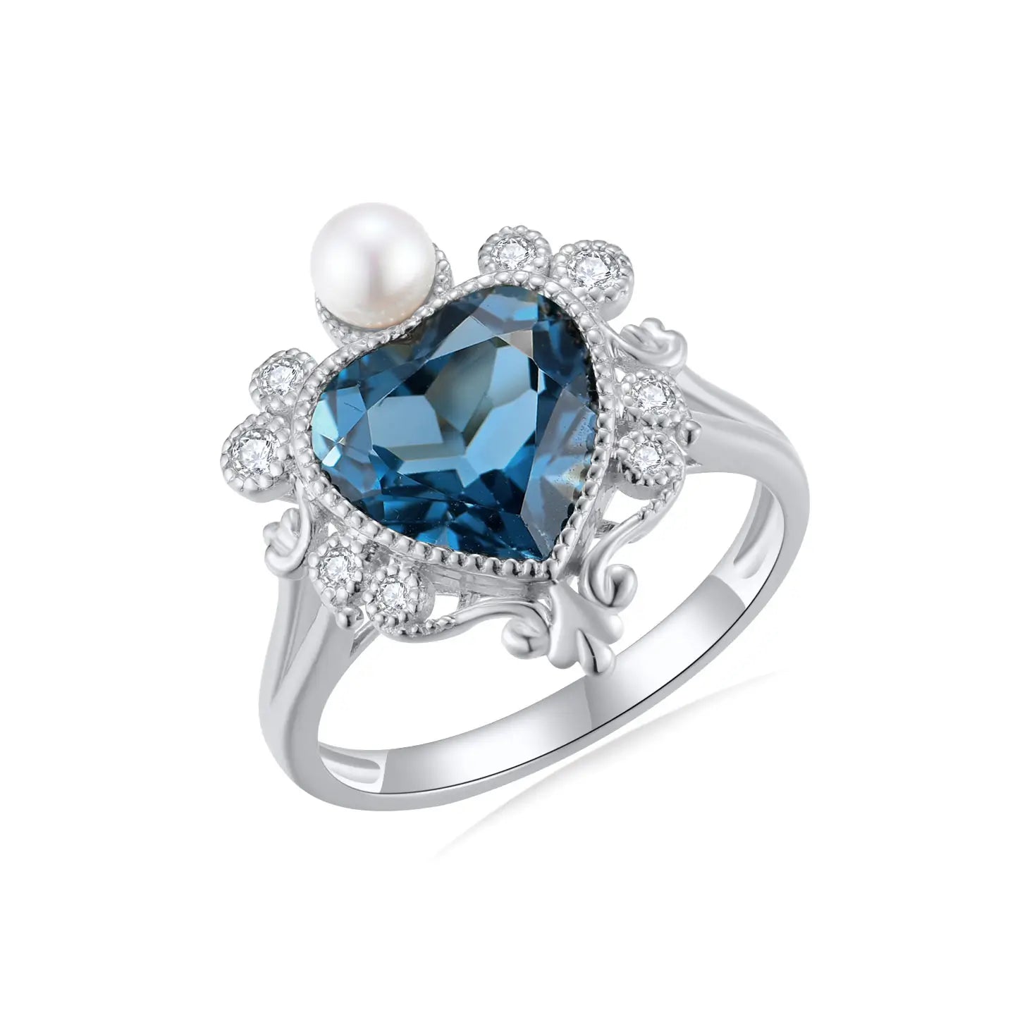 14k white gold london blue topaz diamond pearl ring