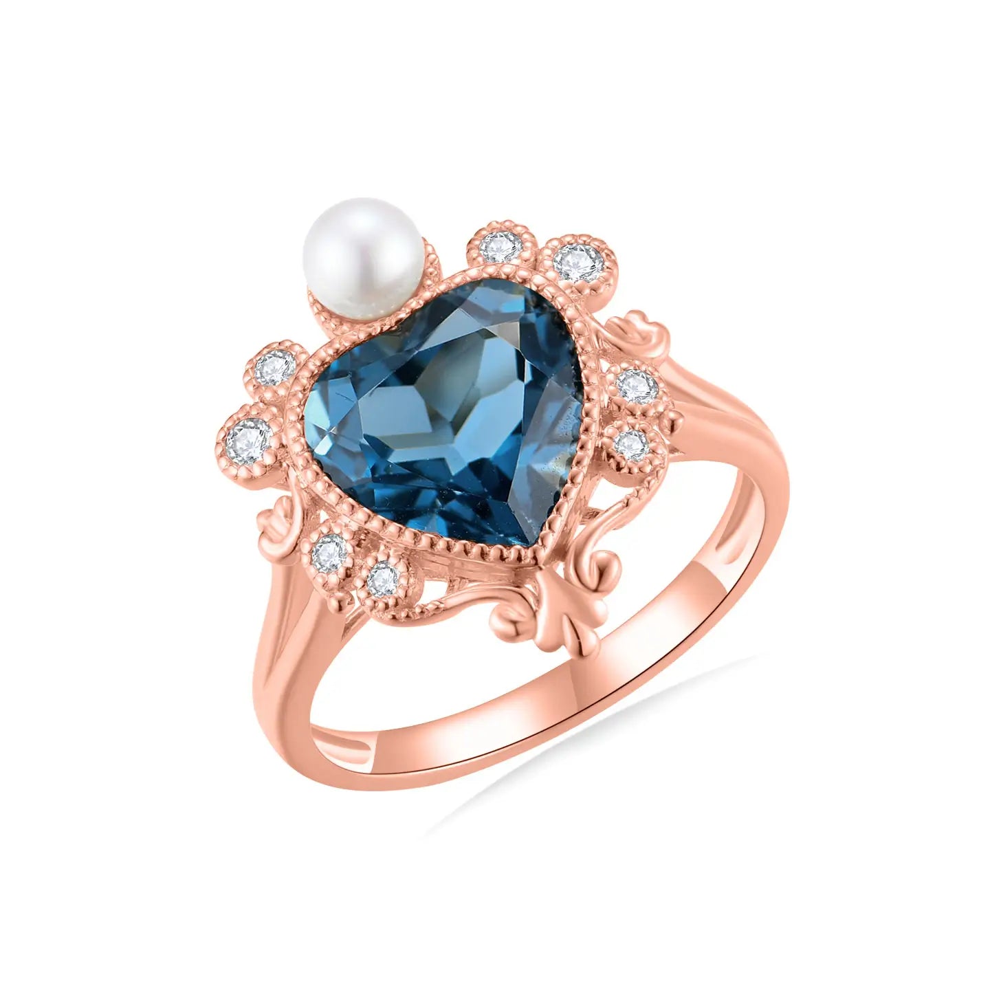 14k rose gold diamond pearl heart topaz ring