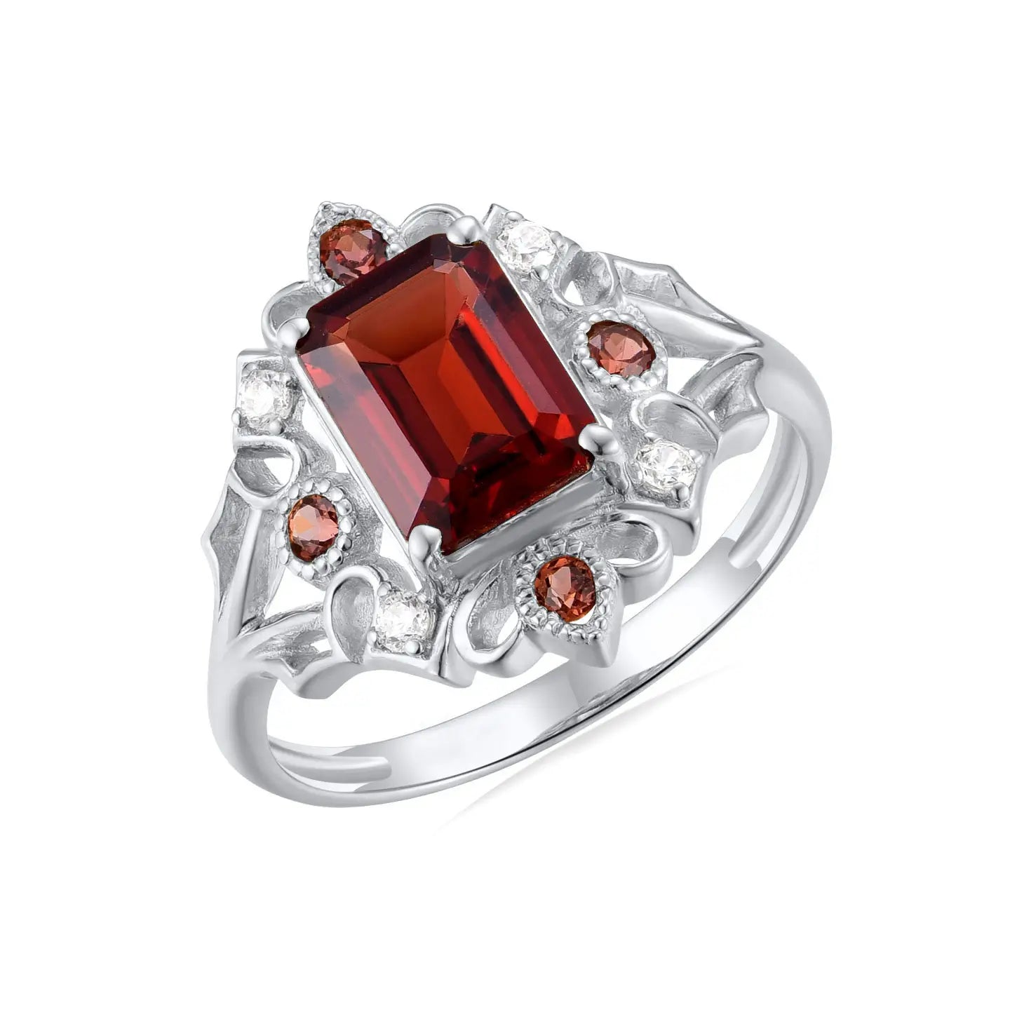 14k white gold sterling silver red garnet diamond cocktail ring
