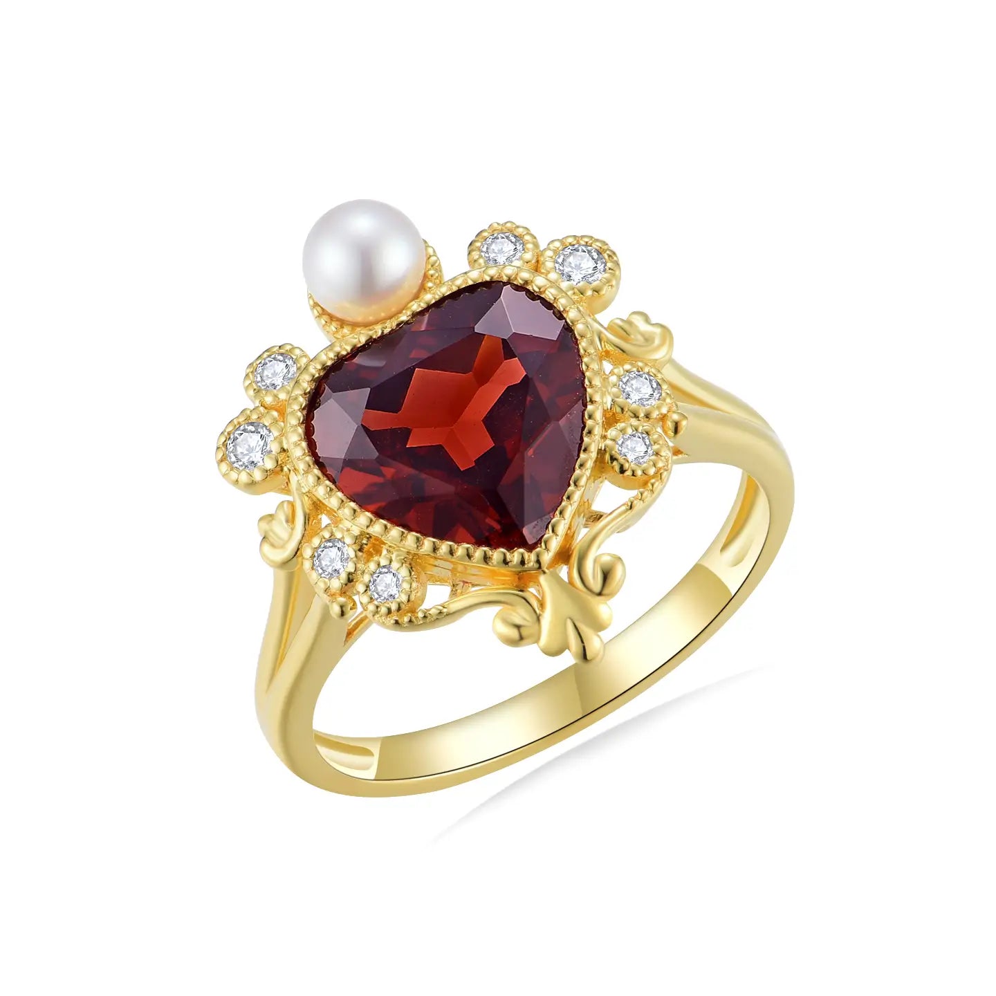 heart red garnet pearl gold ring