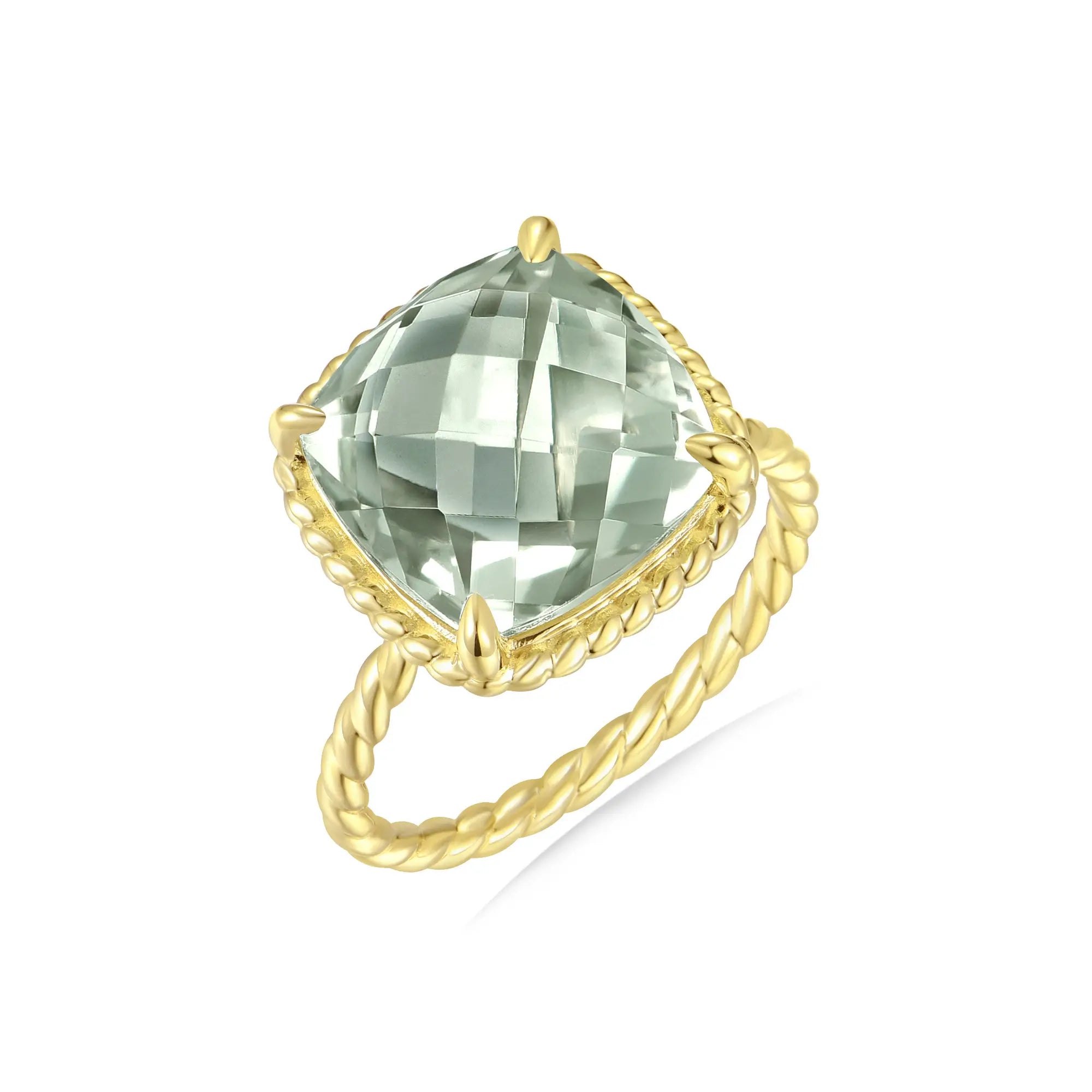 Reflection Natural Cushion Prasiolite Ring 14k solid yellow gold