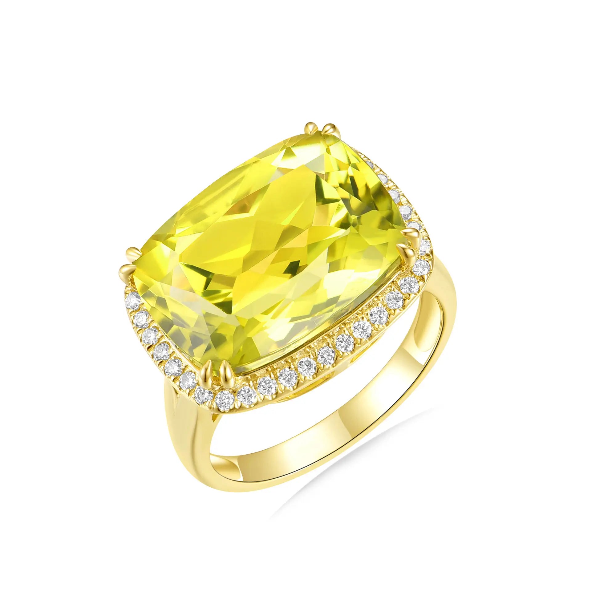 Kai Reflection Natural 11.30ctw Old Mine Cut Lemon Quartz & Lab-Diamond Diamond Ring in 14k Yellow Gold
