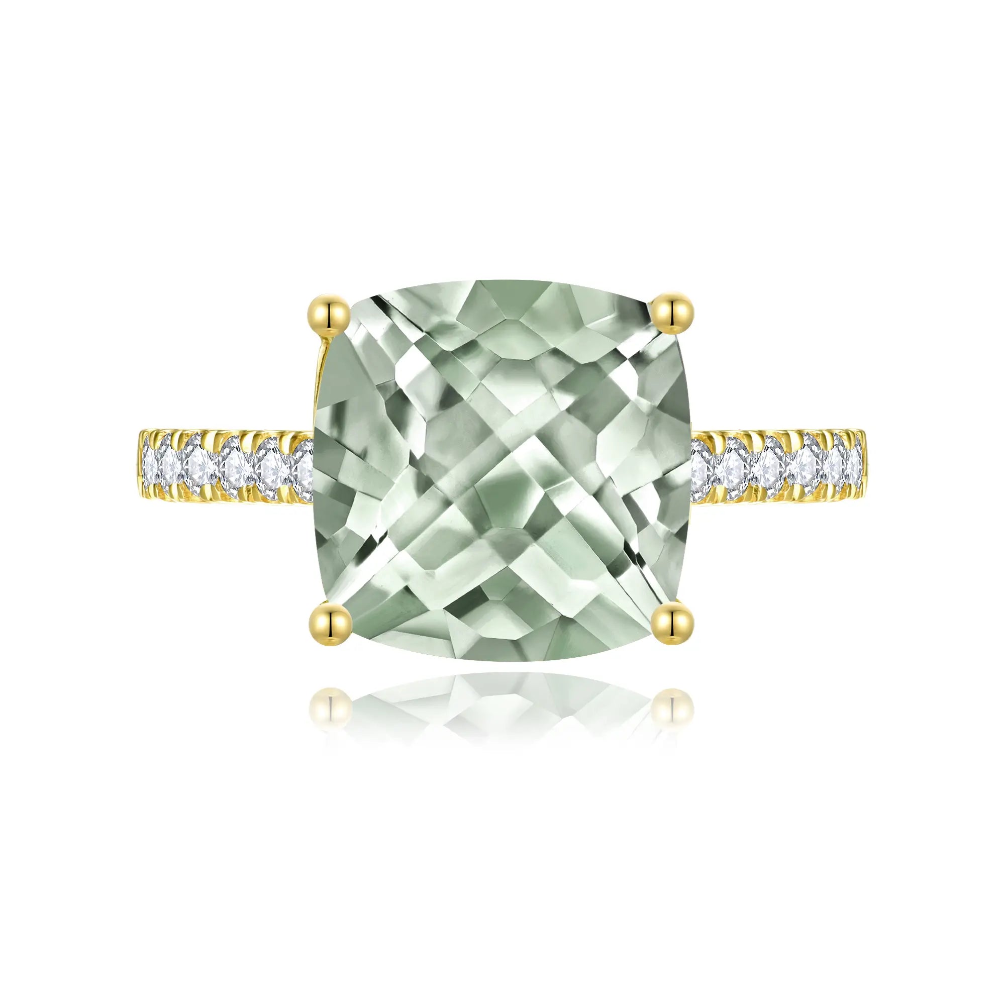 Radiant Cushion Natural Prasiolite Green Amethyst Diamond Ring in 14k yellow gold