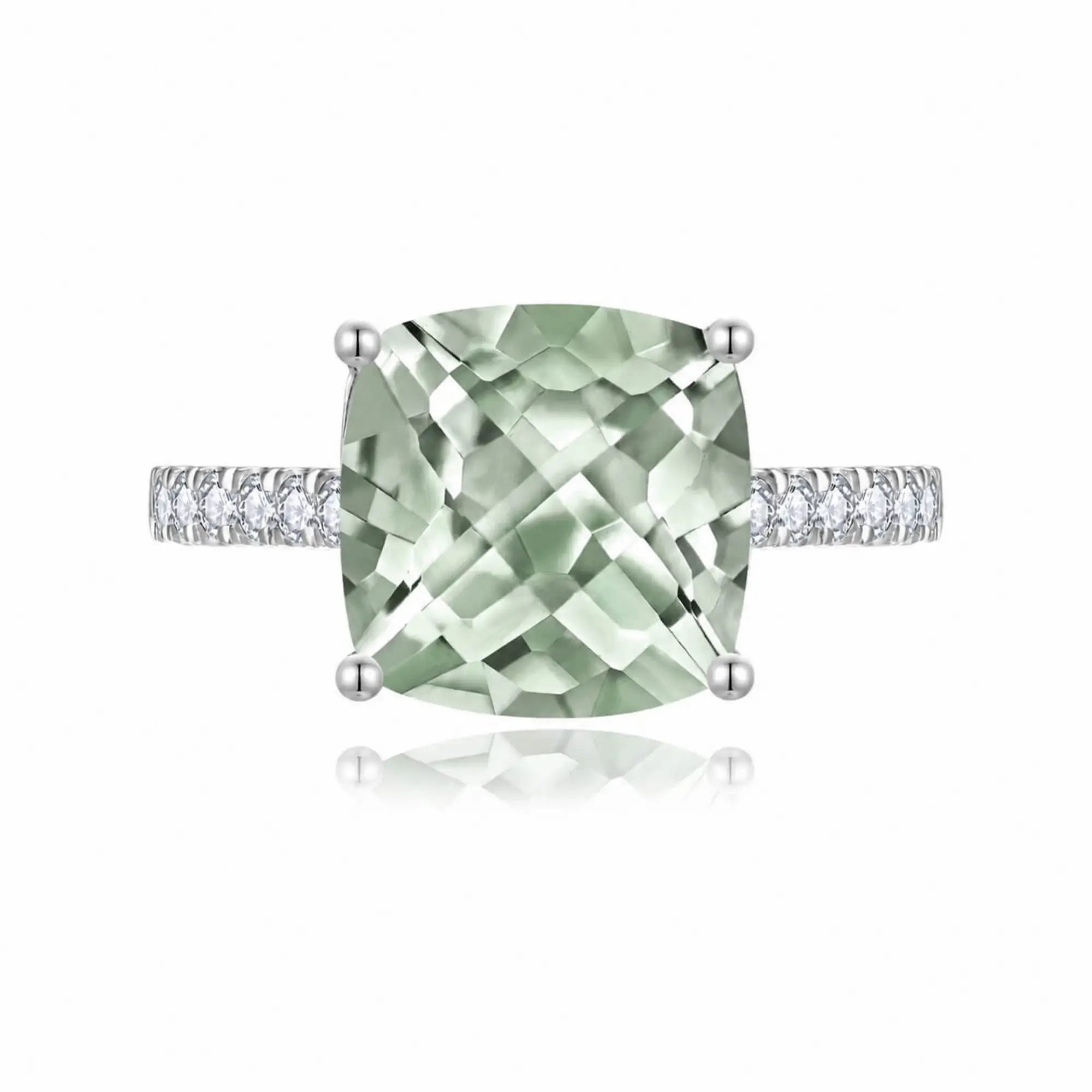 Radiant Cushion Natural Prasiolite Green Amethyst Diamond Ring in 14k white gold