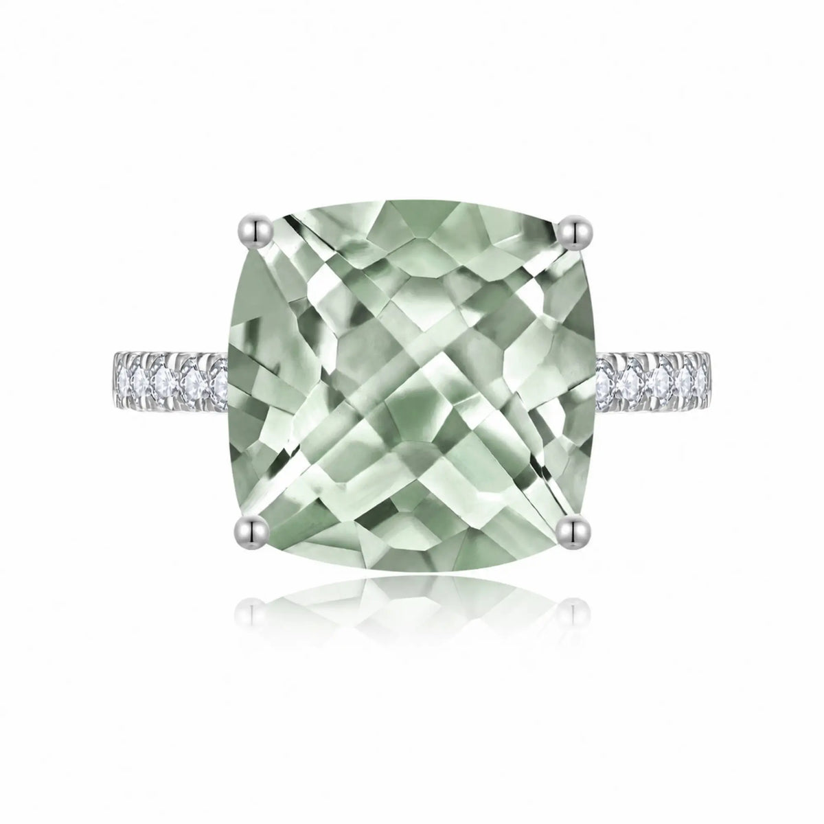 Radiant Cushion Natural Prasiolite Green Amethyst Diamond Ring in 14k white gold