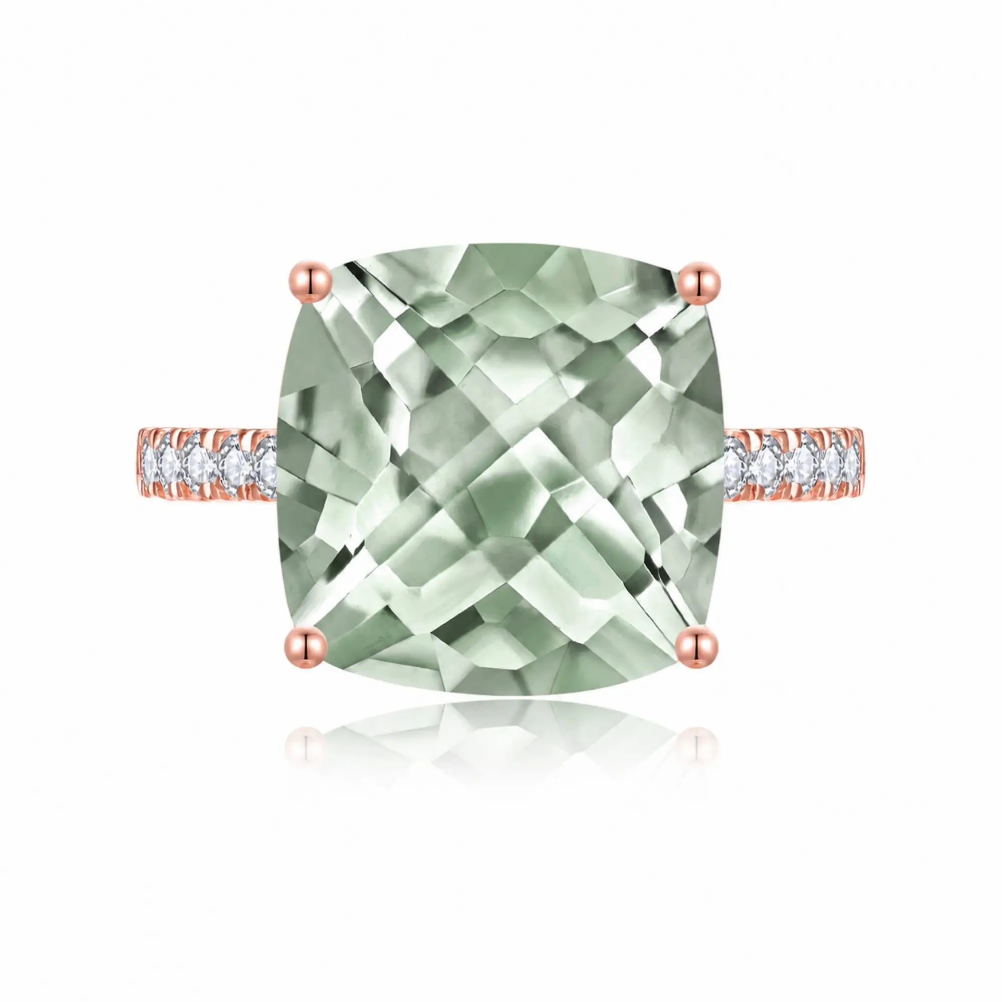 Radiant Cushion Natural Prasiolite Green Amethyst Diamond Ring in 14k rose gold