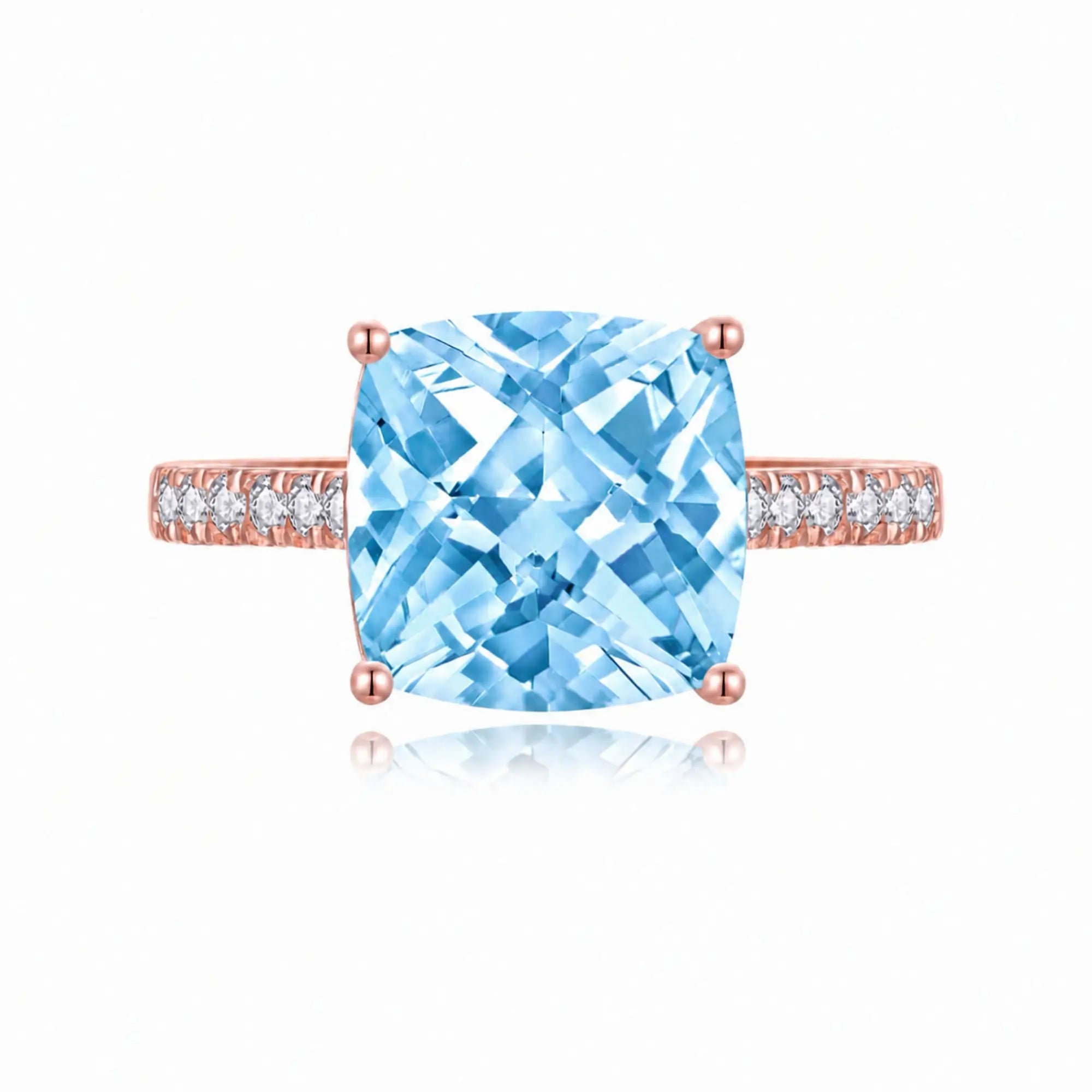 Radiant Cushion Natural Sky blue Topaz Diamond Ring in 14k rose gold
