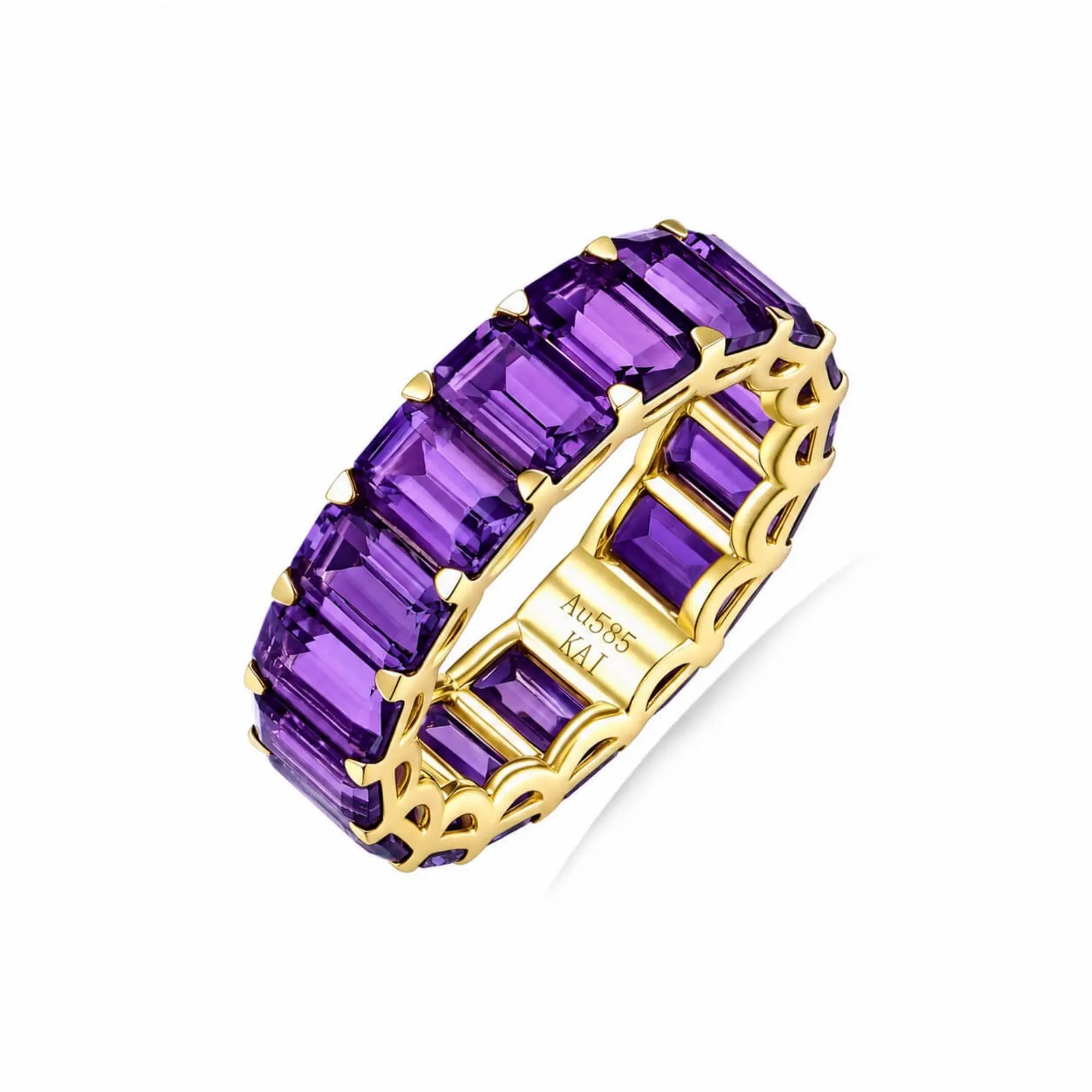 kai fine jewelry Nora 9 ctw Emerald-Cut naturak Amethyst Eternity Ring in 14k yellow gold
