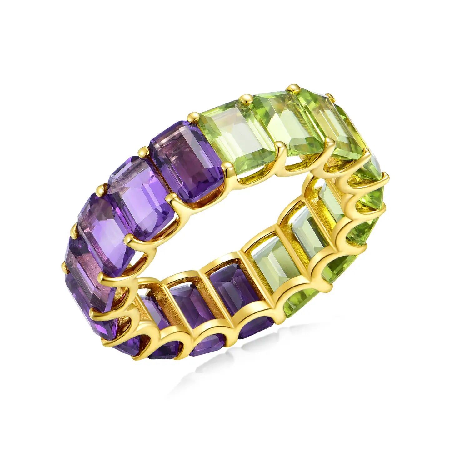 Nora Emerald-Cut Natural Amethyst & Peridot Duo Eternity Ring 14k yellow gold