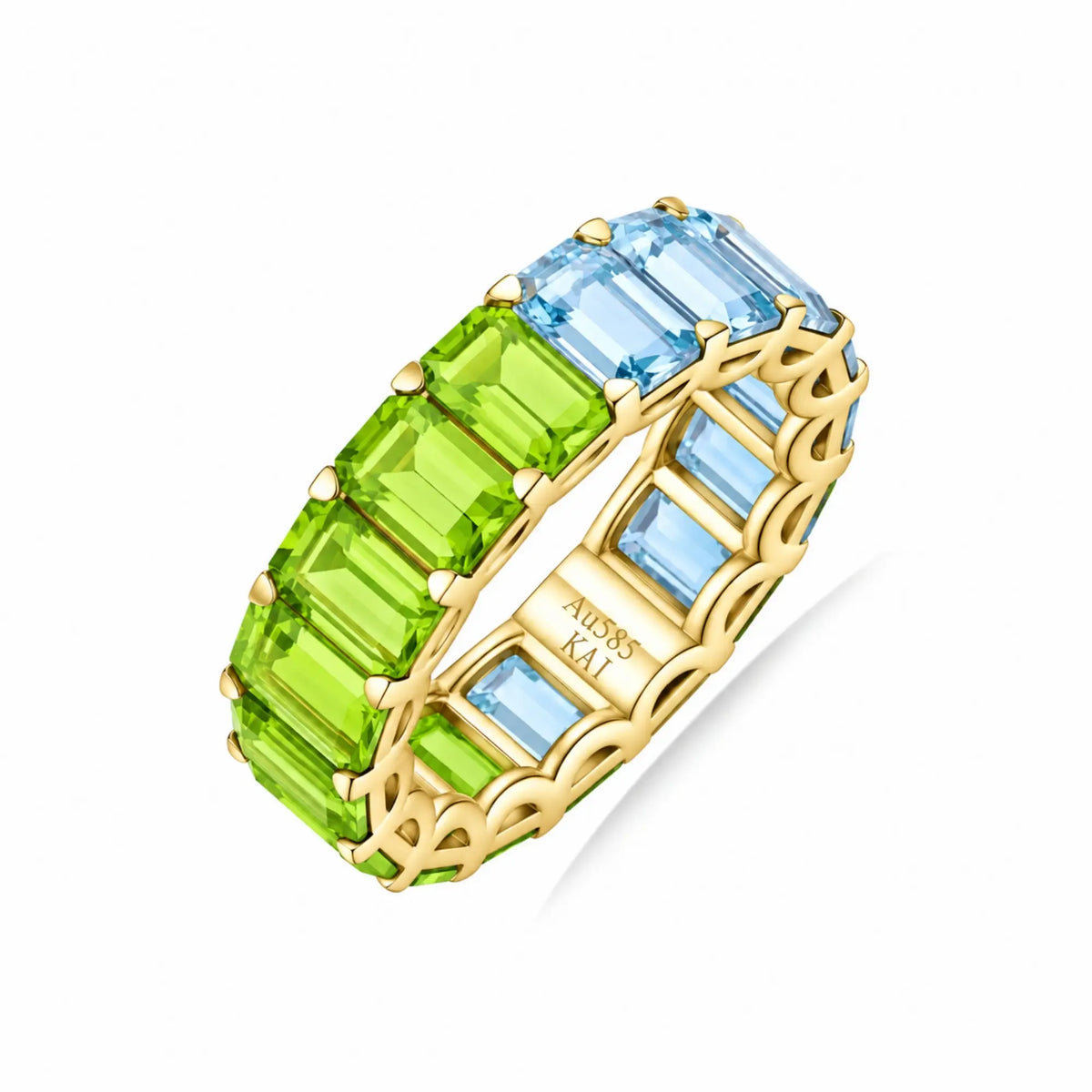 14k yellow gold Nora 9.25 ctw Emerald-Cut Aqumarine & Peridot Duo Eternity Ring