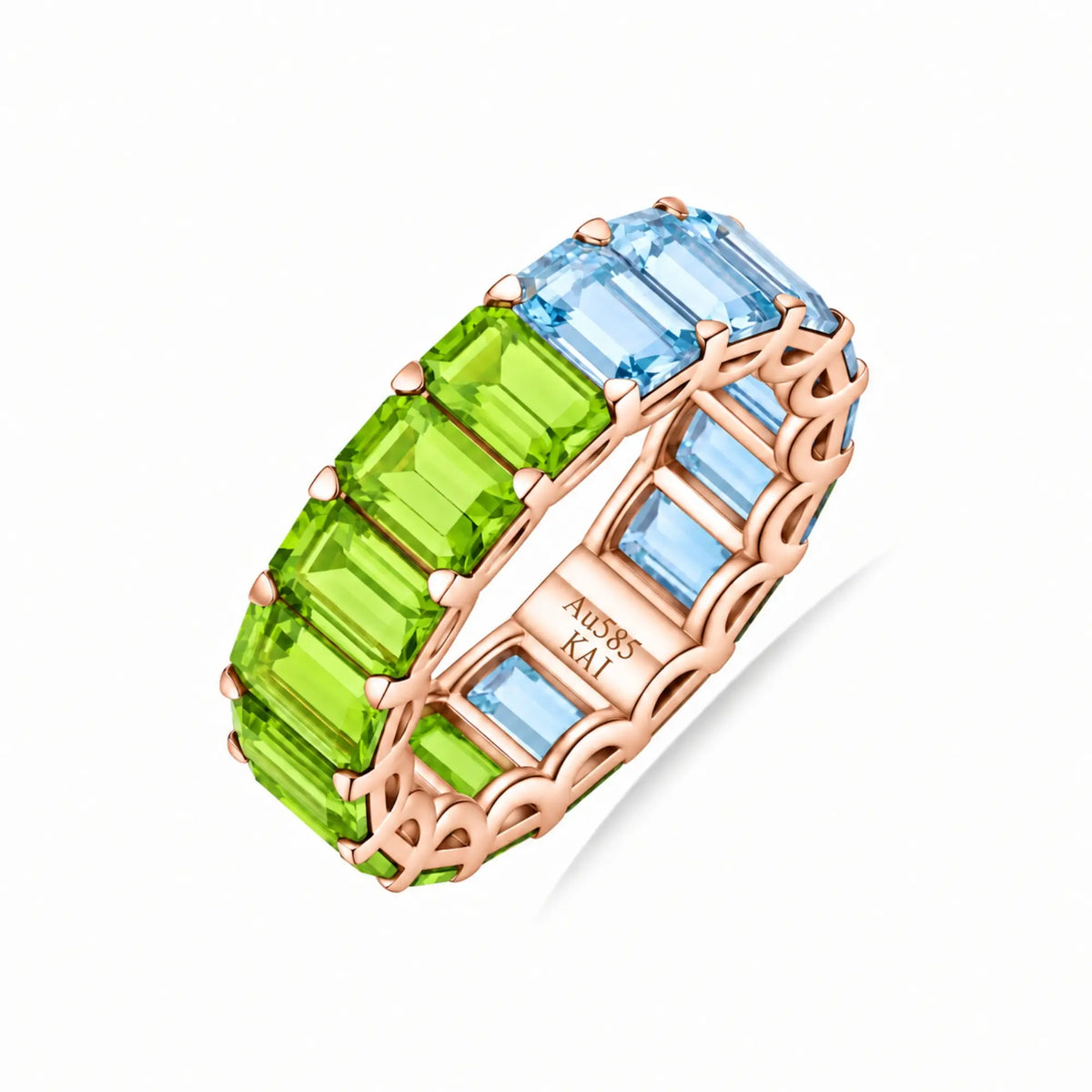 14k yellow gold Nora 9.25 ctw Emerald-Cut Aqumarine & Peridot Duo Eternity Ring