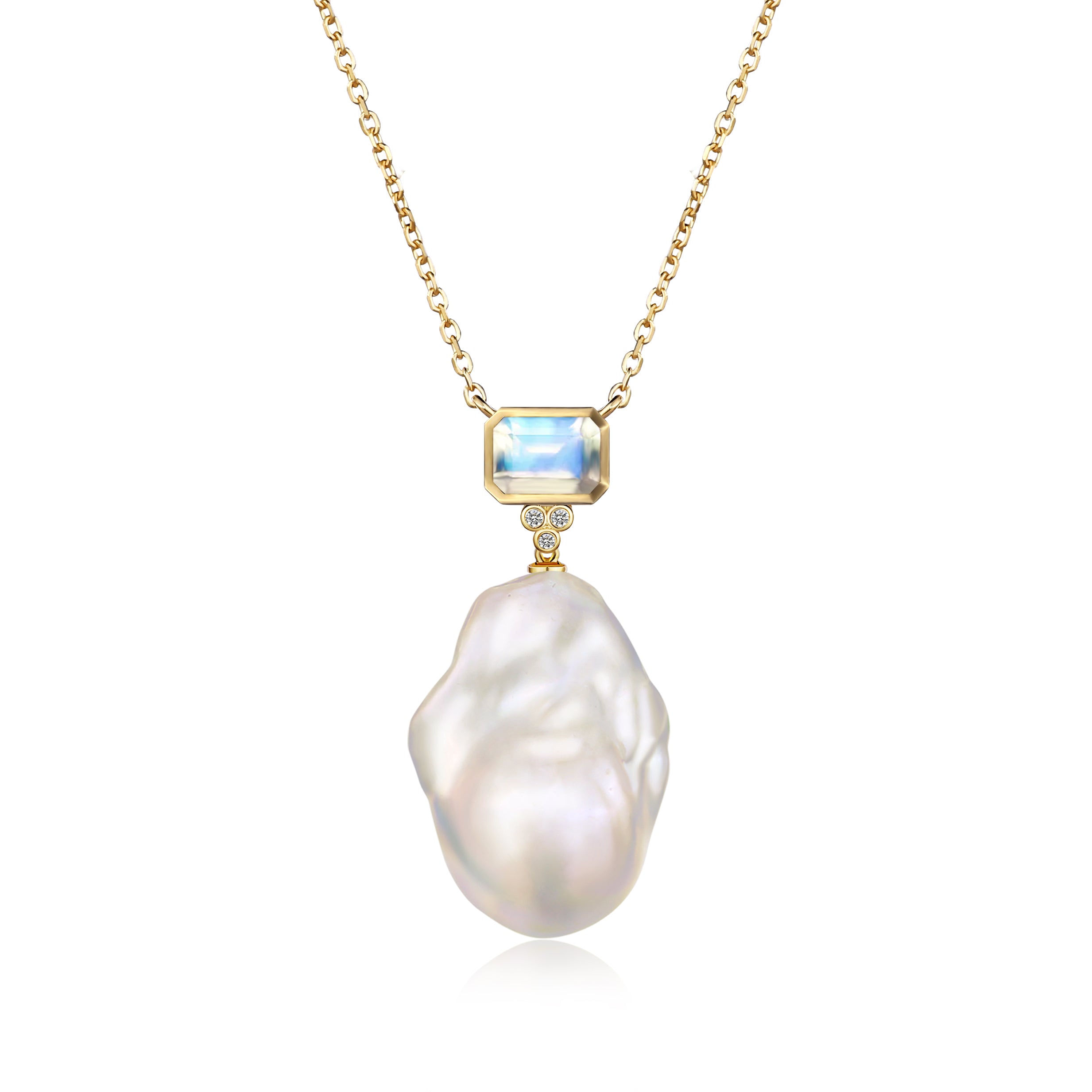Ayla Emerald-Cut Moonstone Diamond Baroque Pearl Necklace