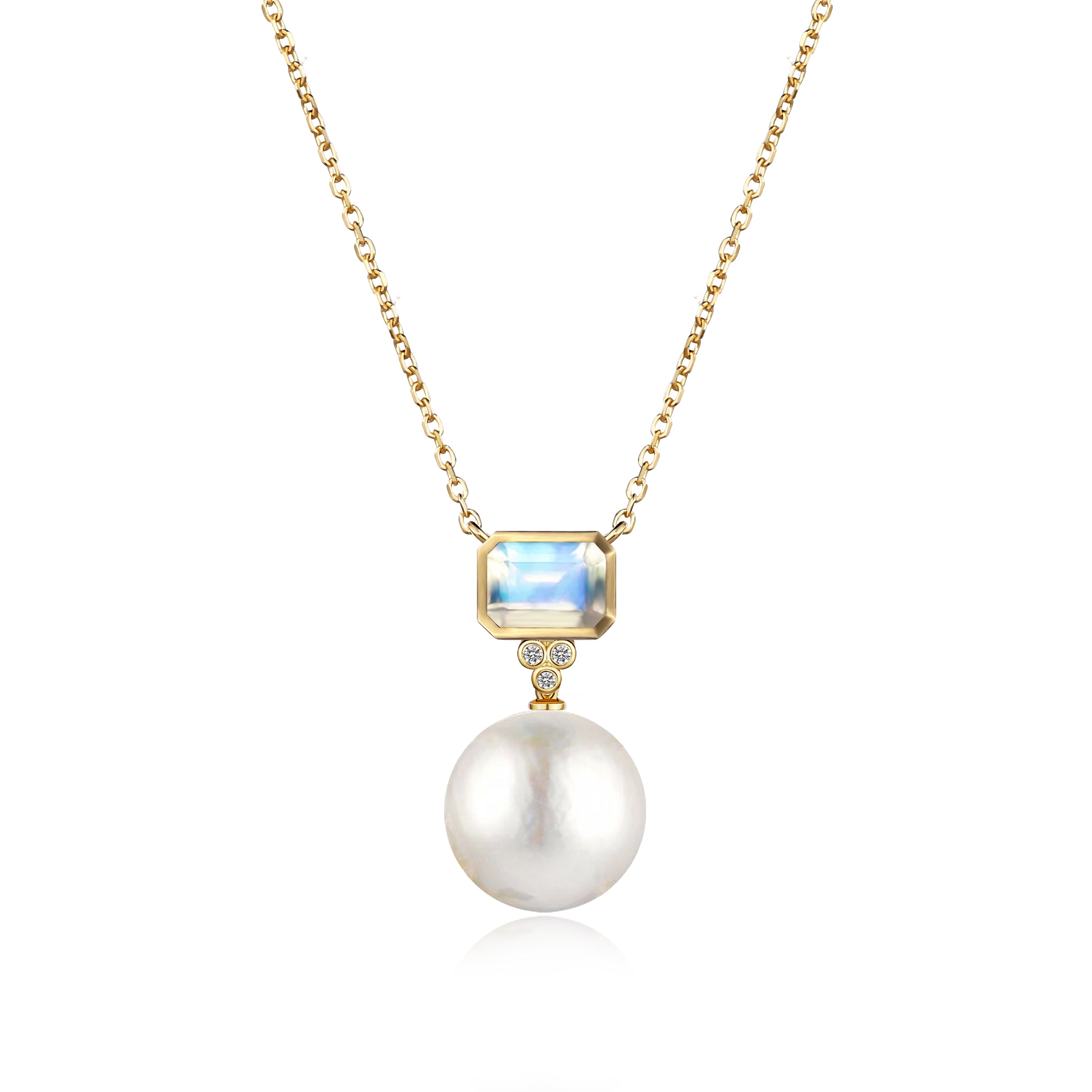 Ayla Emerald-Cut Moonstone Diamond Pearl Necklace