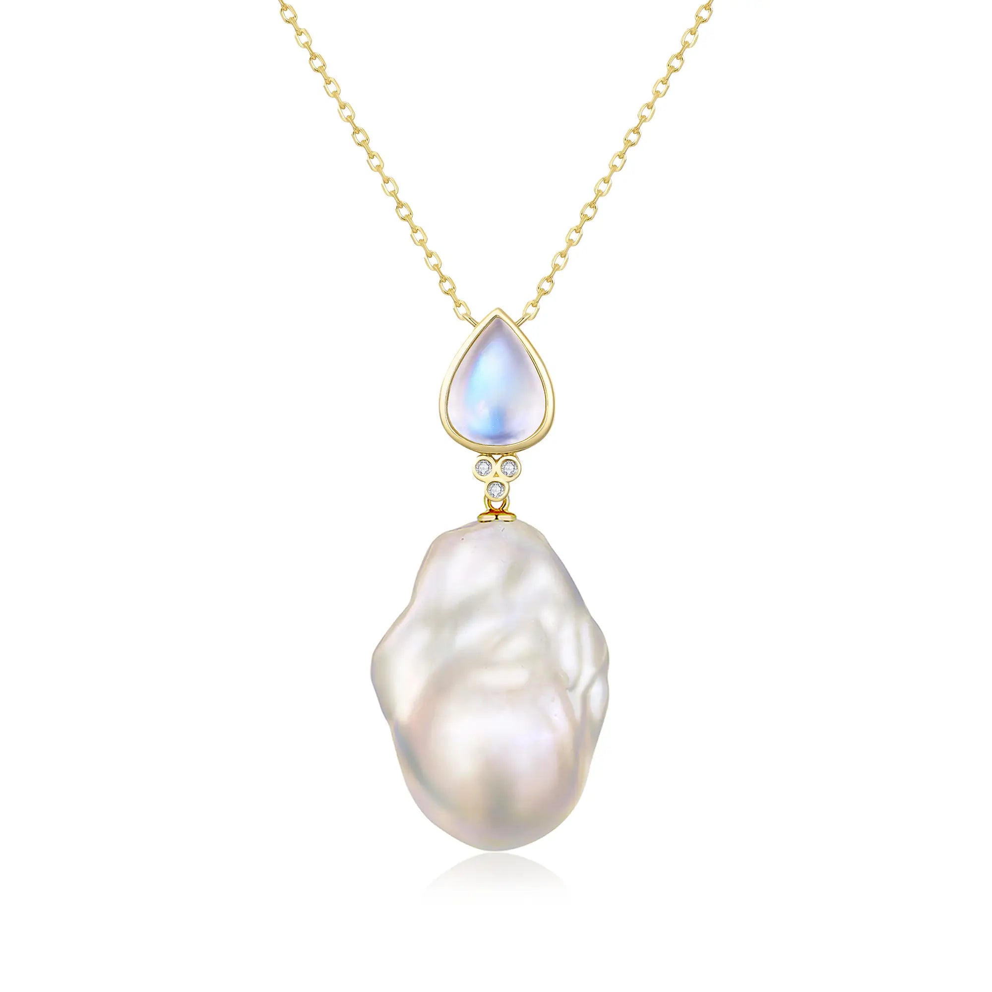 Ayla Natural 1.84ctw Pear-Shaped Moonstone Diamond Baroque Pearl Necklace in 14k yellow gold