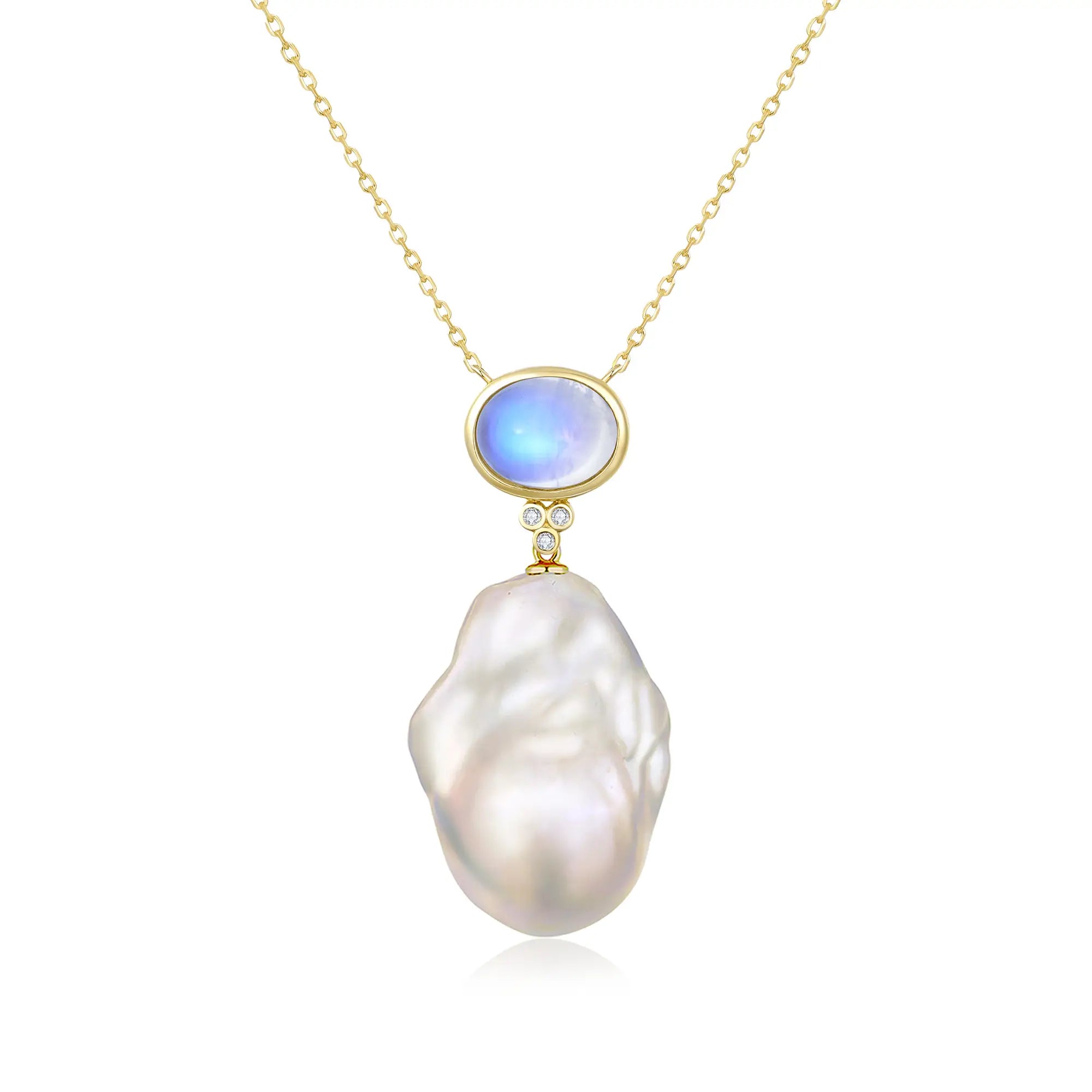 Ayla Natural 2.04ctw Oval Moonstone Diamond Baroque Pearl Necklace in 14k yellow gold