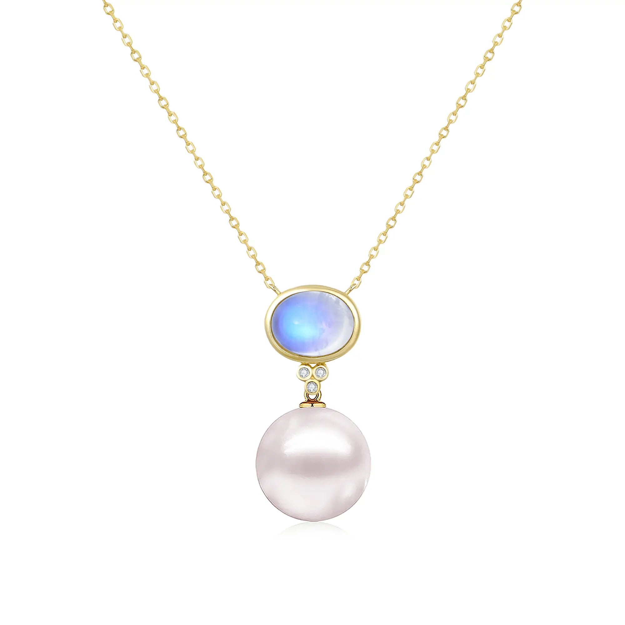 Ayla Natural 2.04ctw Oval Moonstone Diamond Freshwater Pearl Necklace in 14k yellow gold