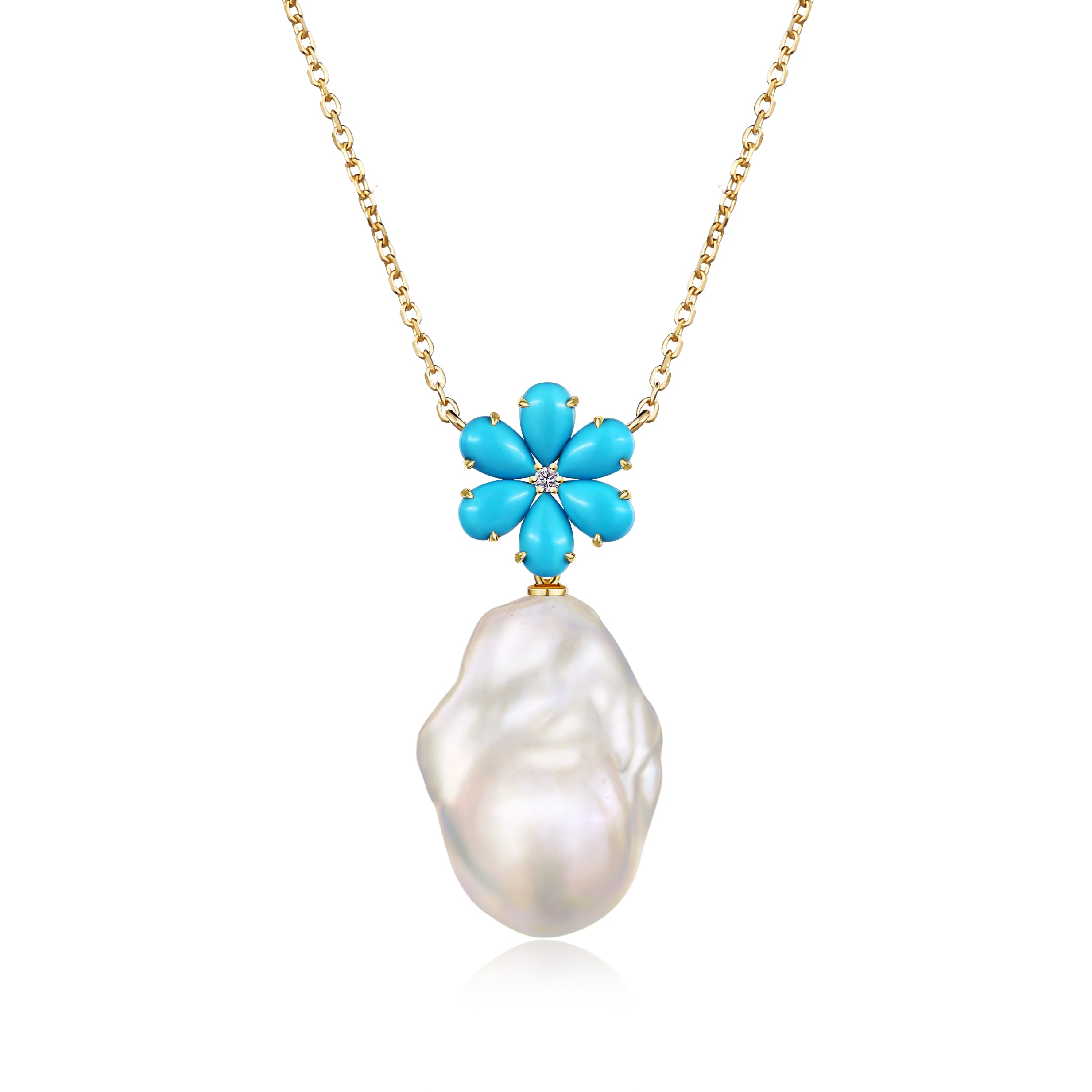 Flora Blossom Turquoise Diamond Baroque pearl Convertible Necklace