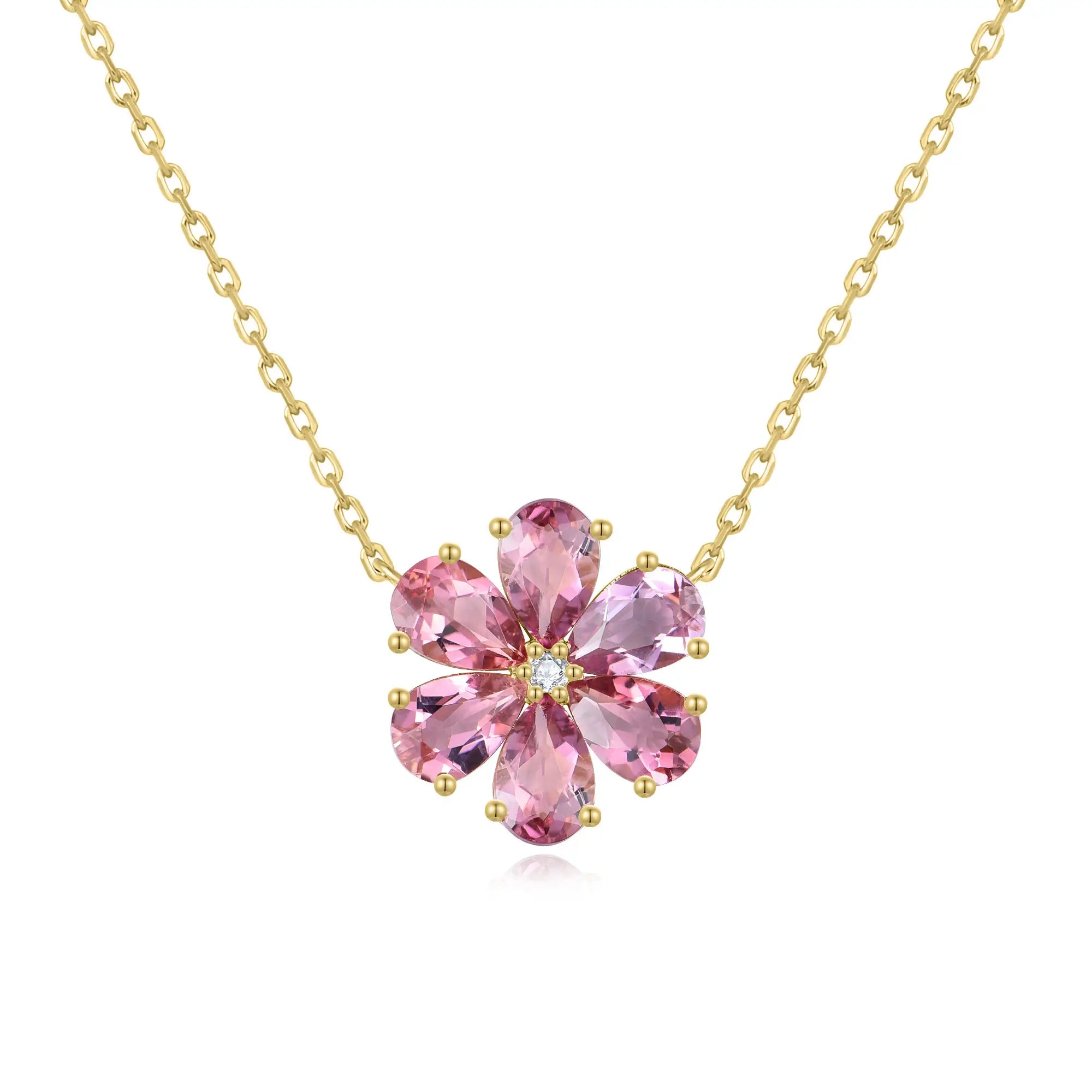 Flora Blossom Pink Tourmaline Diamond Necklace 14k yellow gold