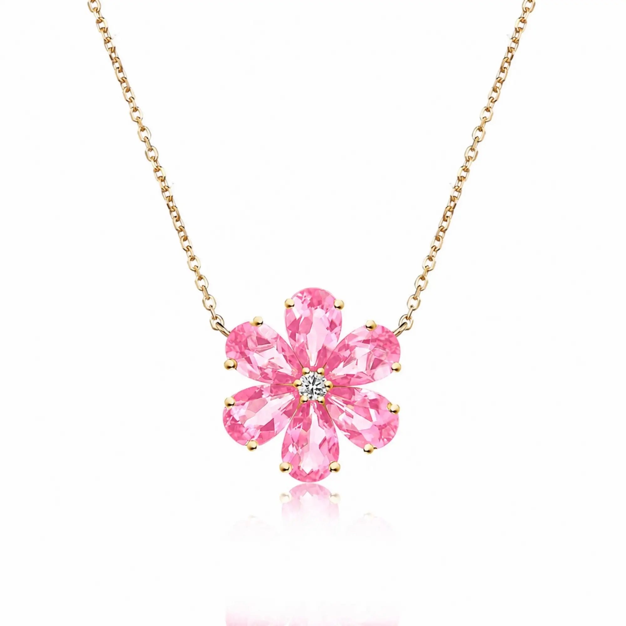 14k yellow gold Flora Blossom 2.82 ctw Lab Grown Pink Sapphire Diamond Necklace