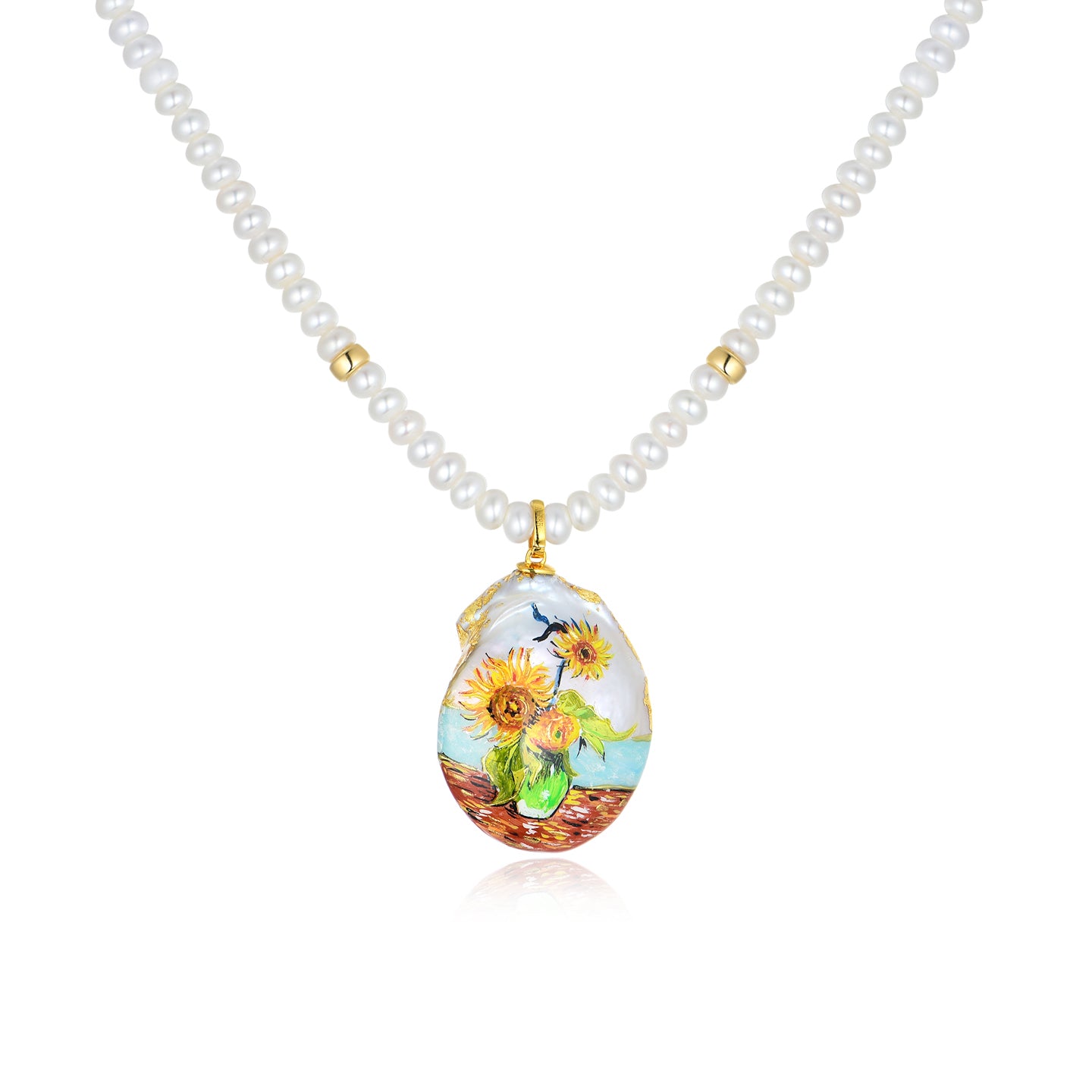 Pearl and Gold Bead Strand Necklace with Convertible Sunflower Hand-Painted Baroque Pearl