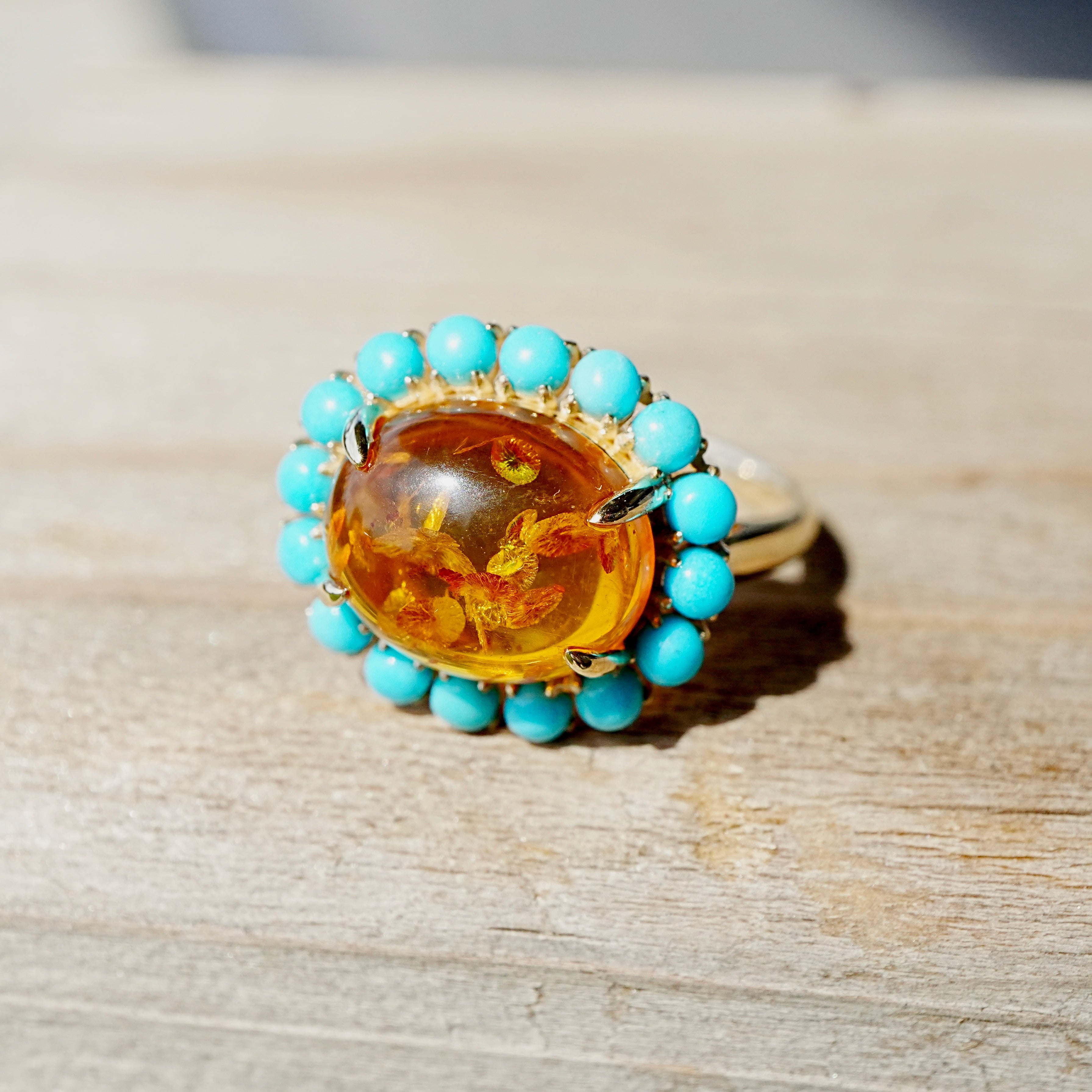 Eden Halo 3.10 ctw Natural Amber & Turquoise East-West Ring (One-of-a-Kind)
