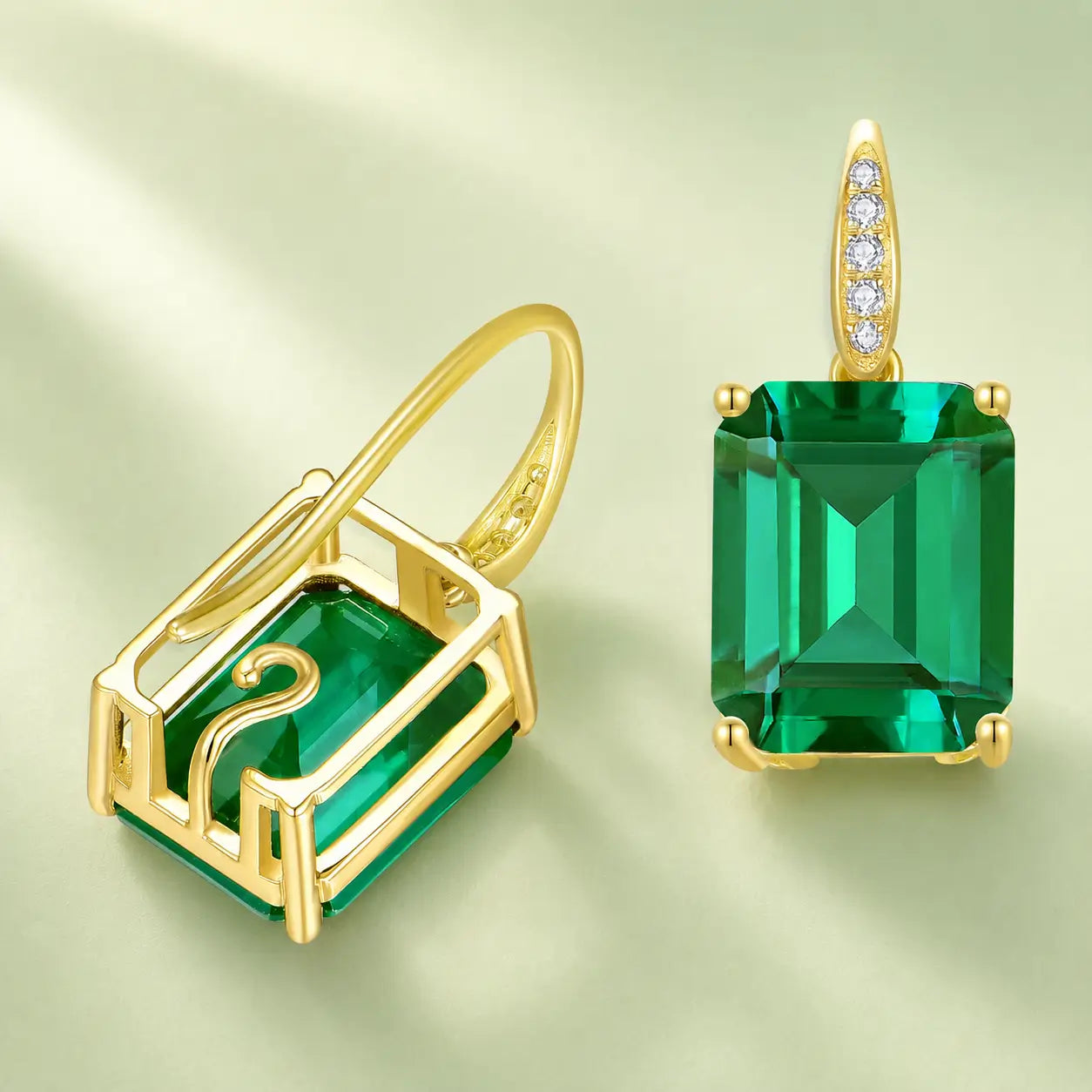 Radiant 6.85ctw Lab-Grown Emerald Diamond Drop Earrings in 14k yellow gold