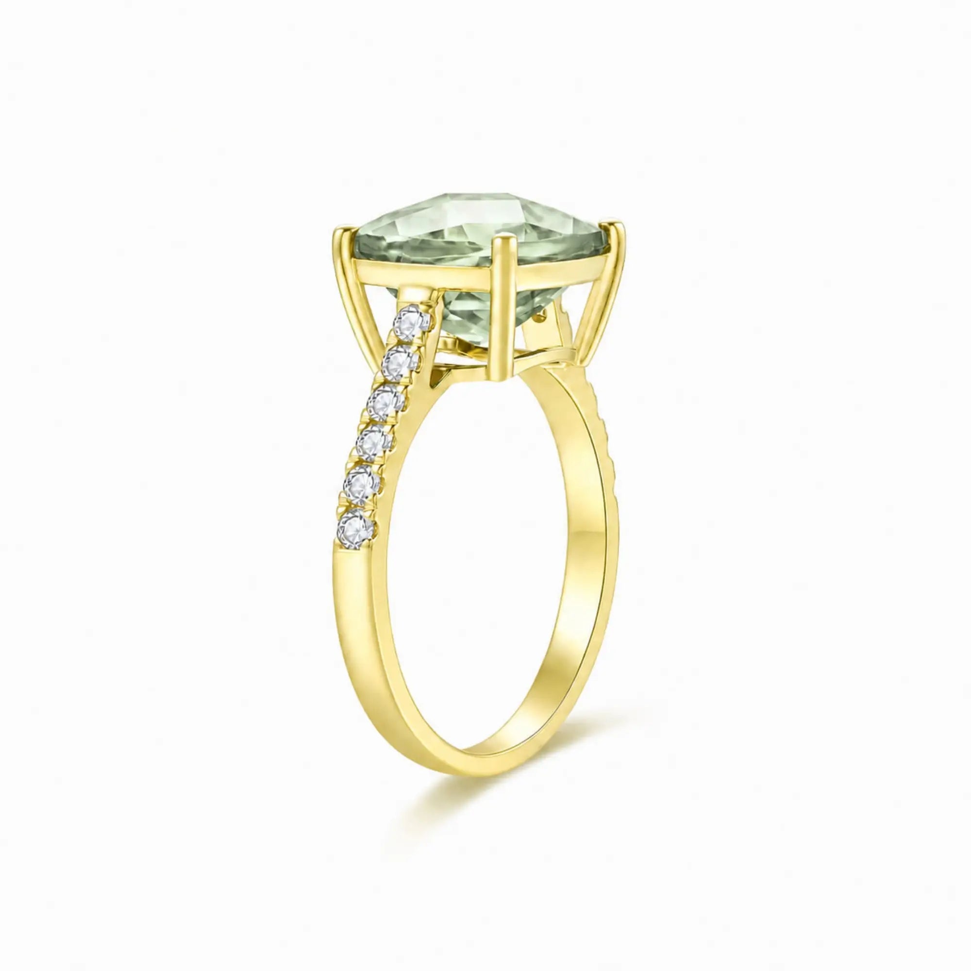 Radiant Cushion Natural Prasiolite Green Amethyst Diamond Ring in 14k yellow gold